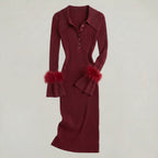 Women’s Ribbed Knit Maxi Dress - Flared Sleeve Collar Plain