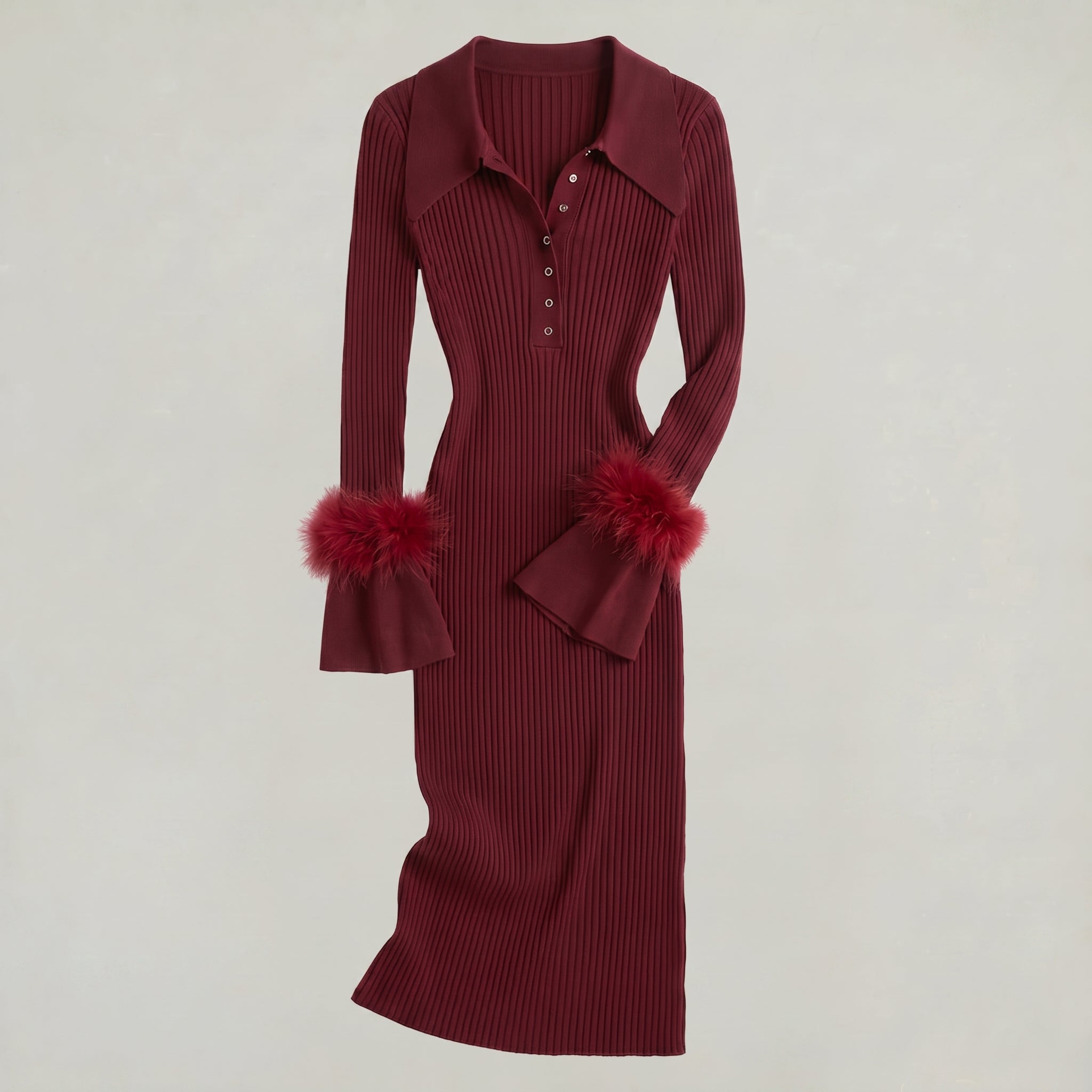 Women’s Ribbed Knit Maxi Dress - Flared Sleeve Collar Plain