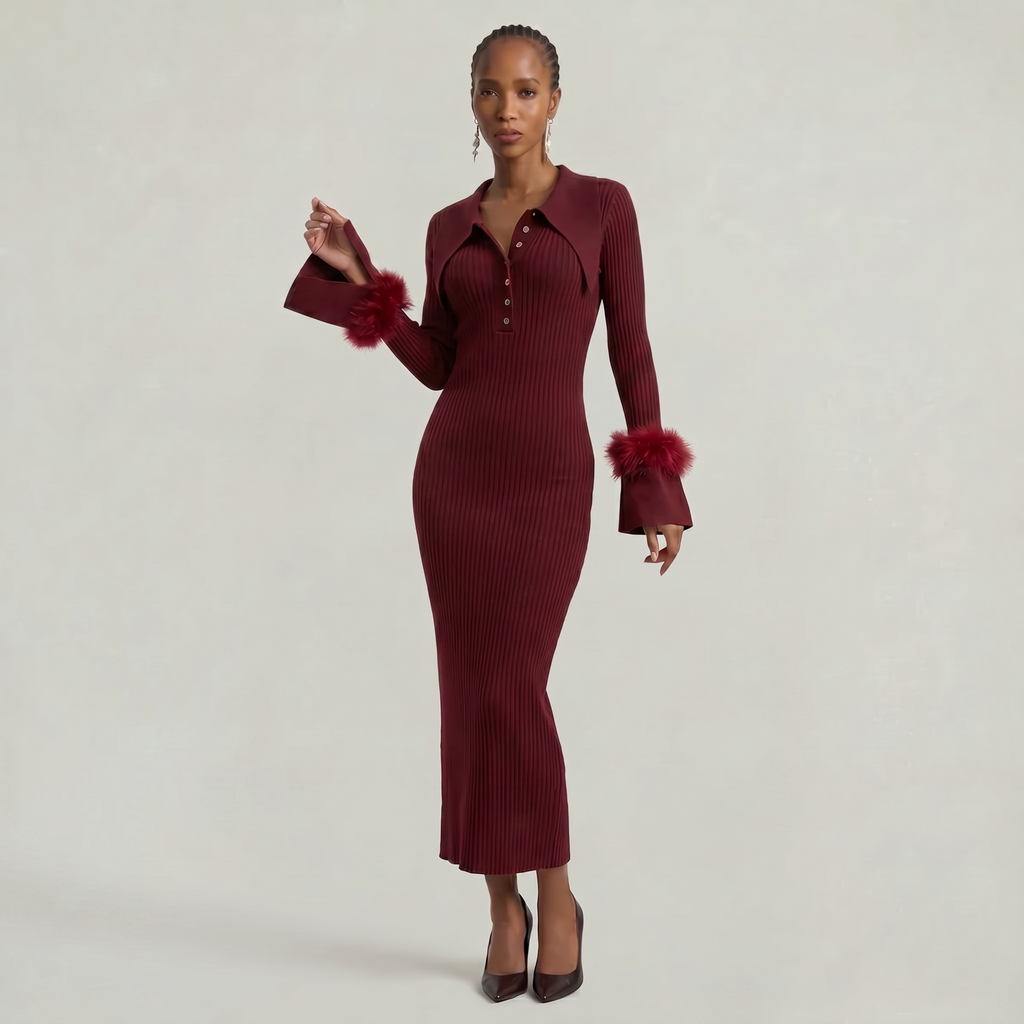 Women’s Ribbed Knit Maxi Dress - Flared Sleeve Collar Plain