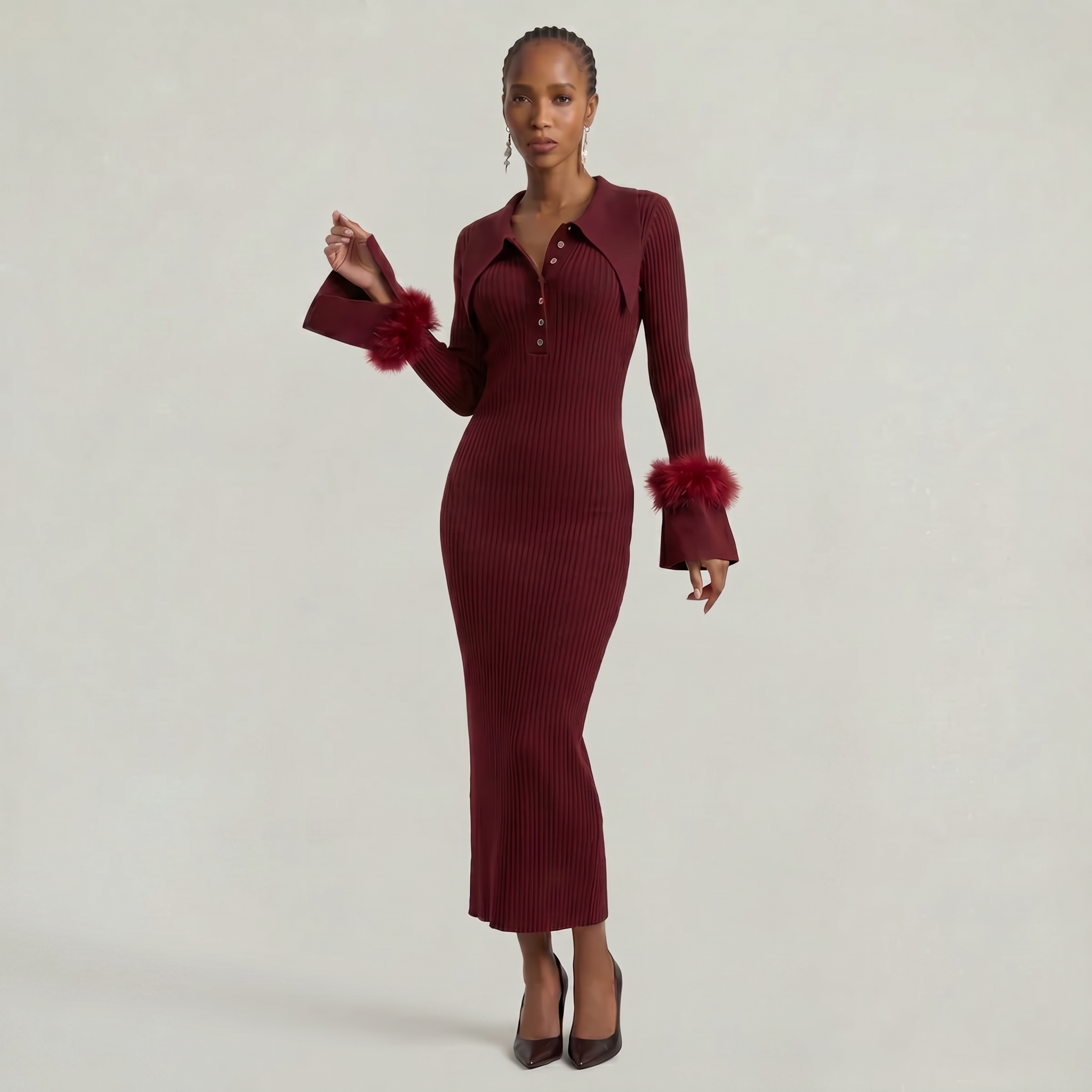 Women’s Ribbed Knit Maxi Dress - Flared Sleeve Collar Plain