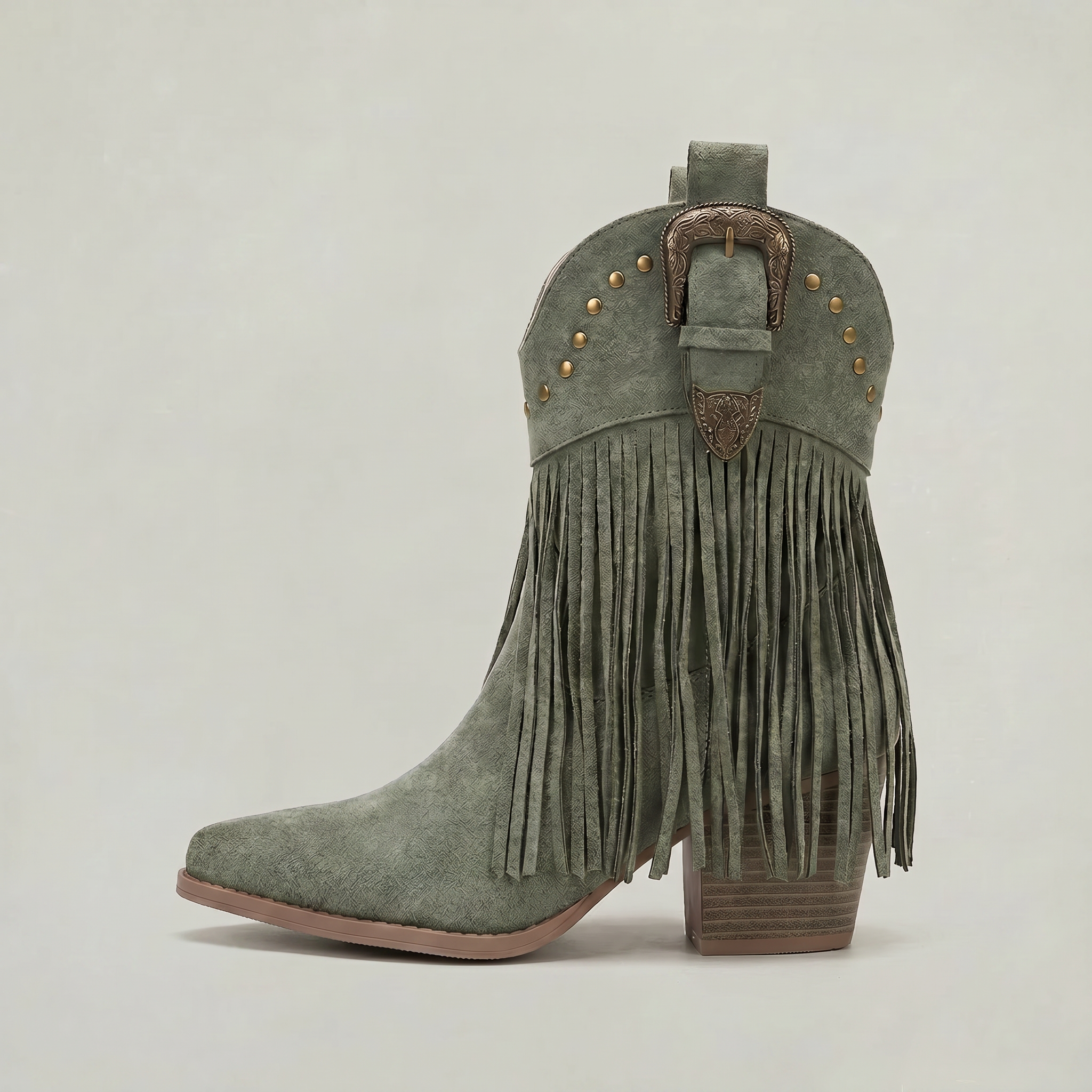 Women’s Fringe Ankle Boots - Studded Block Heel Western Fit