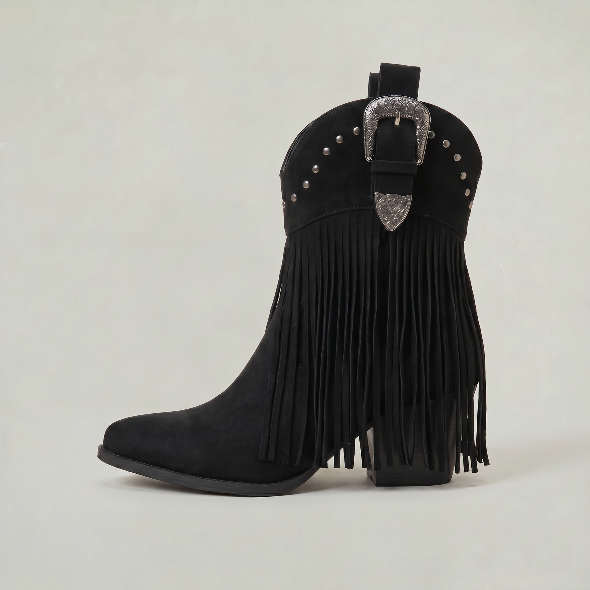 Women’s Fringe Ankle Boots - Studded Block Heel Western Fit