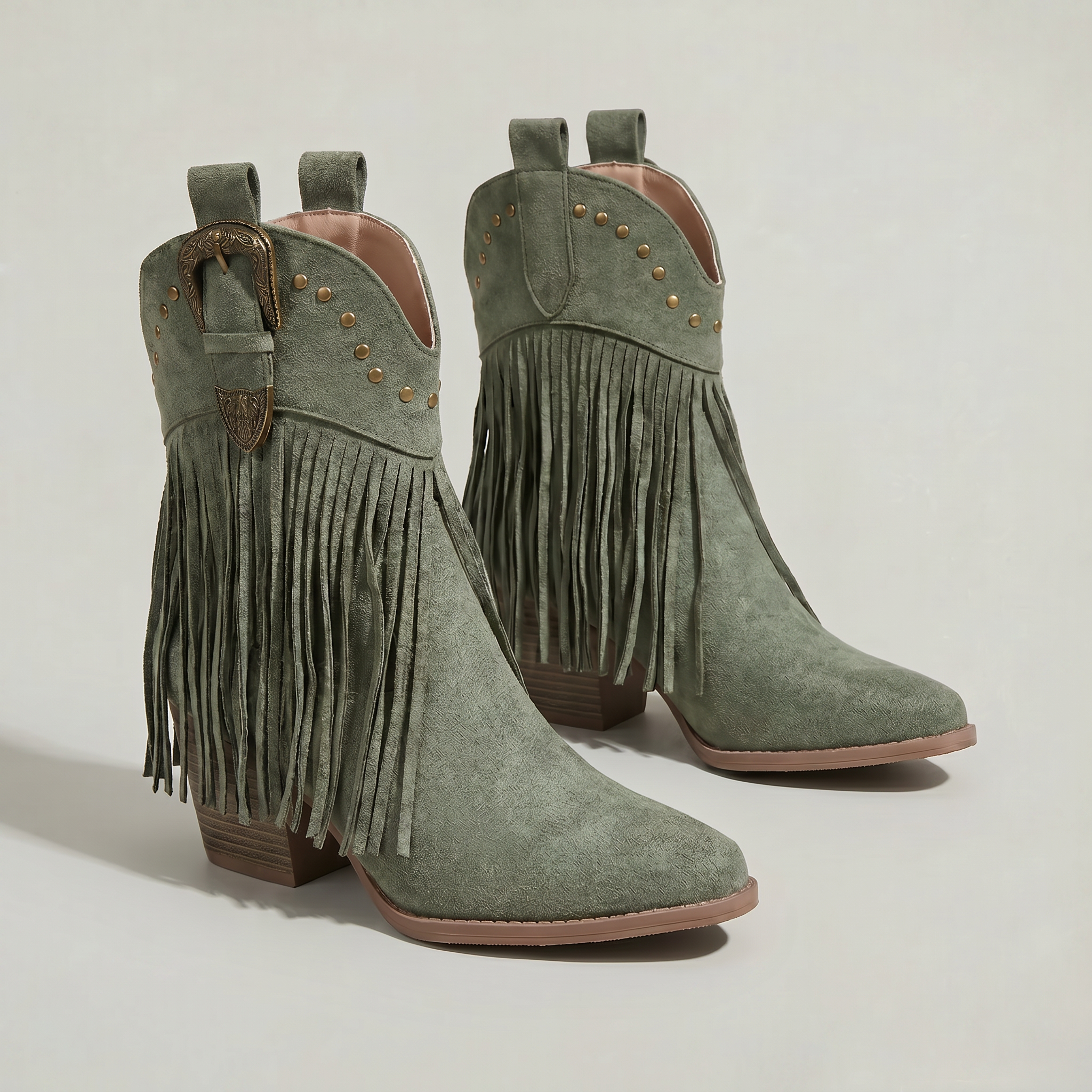 Women’s Fringe Ankle Boots - Studded Block Heel Western Fit