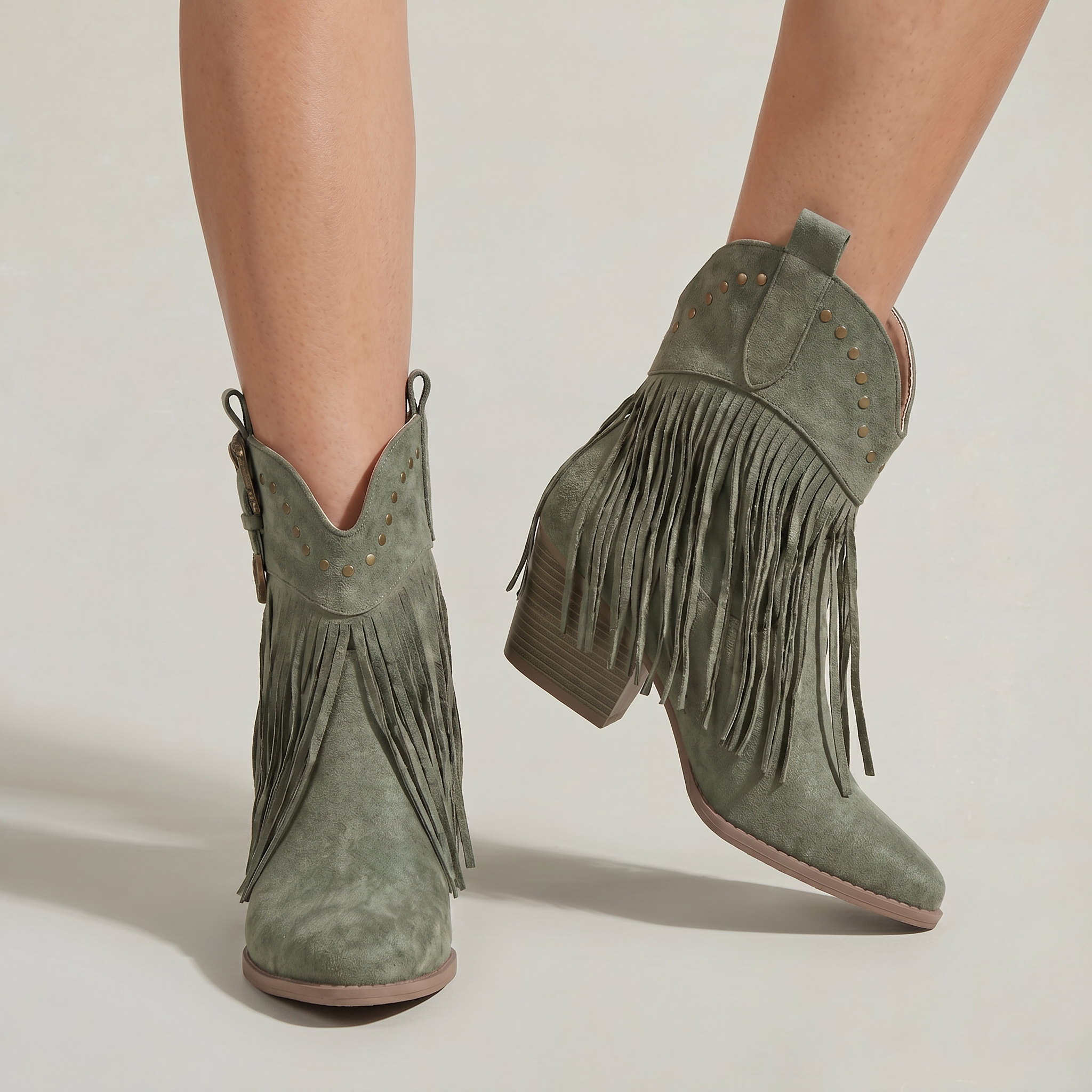 Women’s Fringe Ankle Boots - Studded Block Heel Western Fit