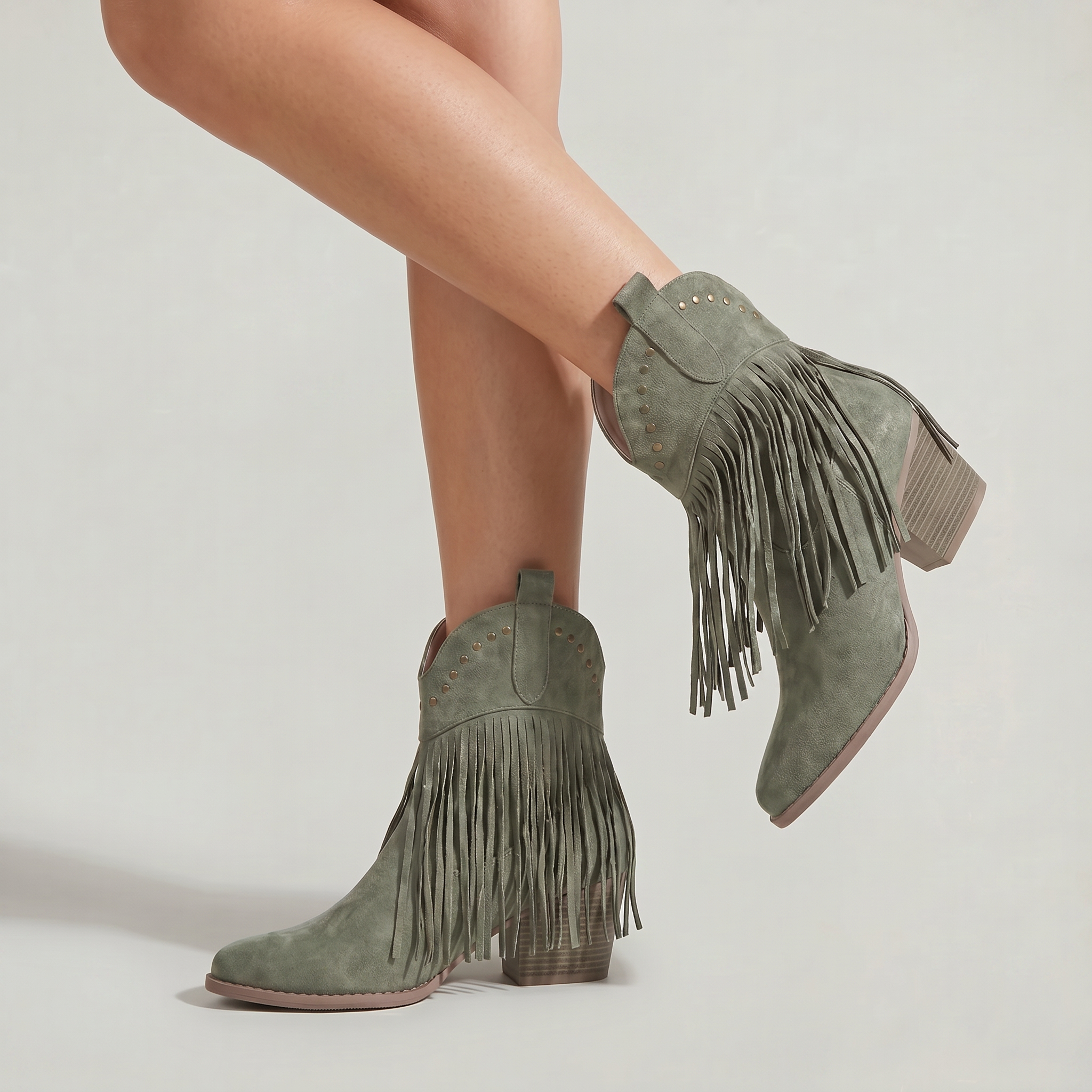 Women’s Fringe Ankle Boots - Studded Block Heel Western Fit