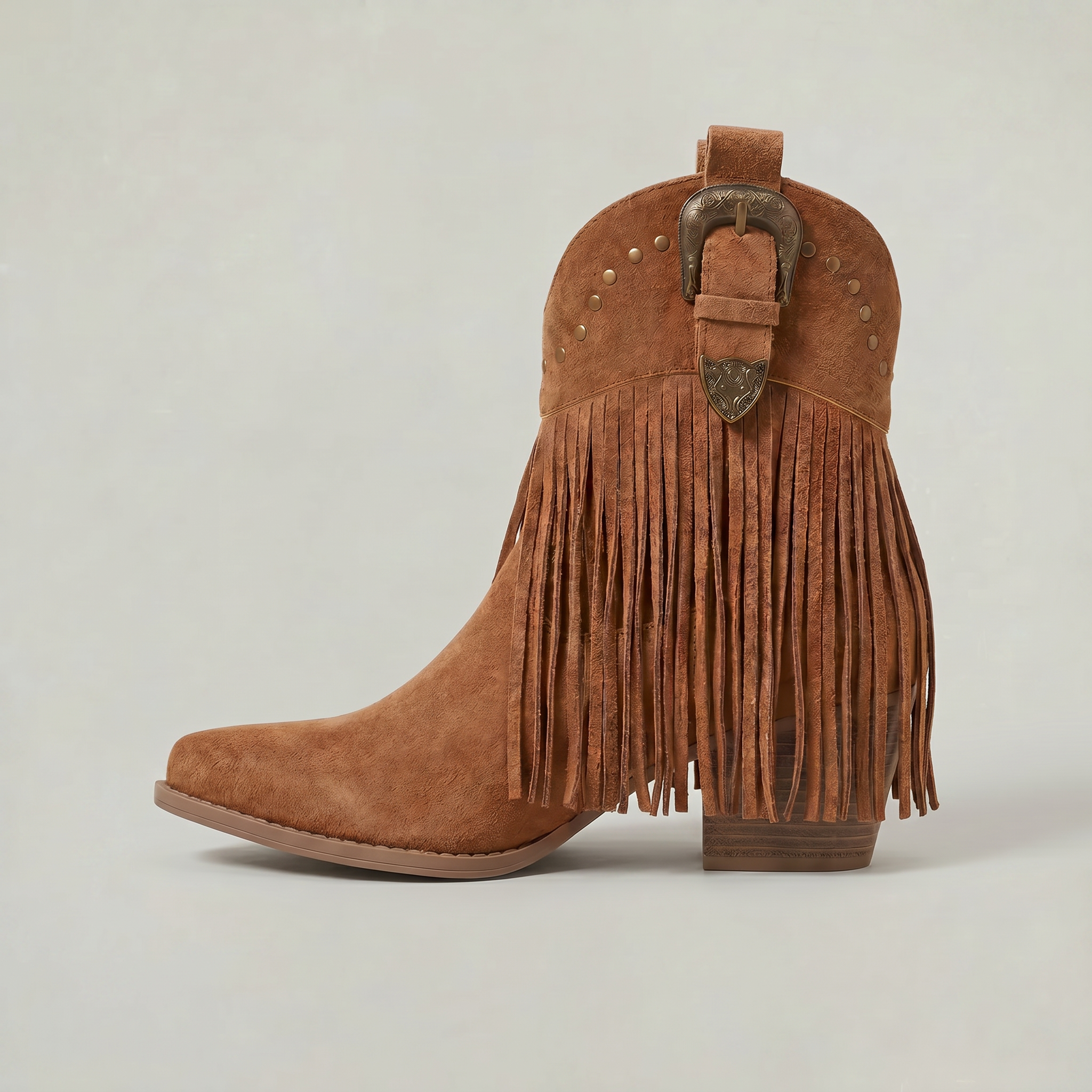 Women’s Fringe Ankle Boots - Studded Block Heel Western Fit
