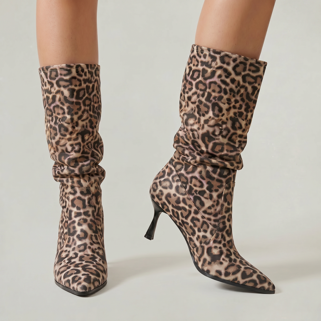 Women’s Leopard Print Slouch Mid-Calf Boots - Stiletto Heel Fit