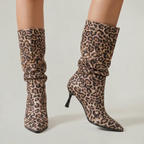 Women’s Leopard Print Slouch Mid-Calf Boots - Stiletto Heel Fit