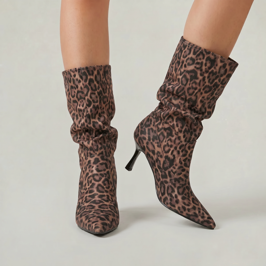 Women’s Leopard Print Slouch Mid-Calf Boots - Stiletto Heel Fit