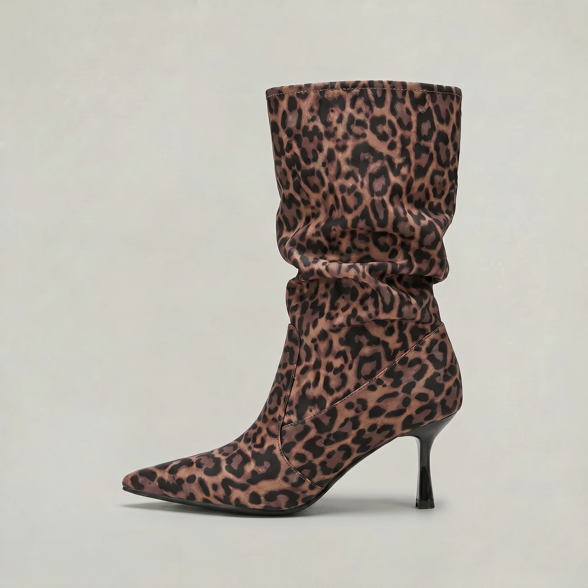 Women’s Leopard Print Slouch Mid-Calf Boots - Stiletto Heel Fit
