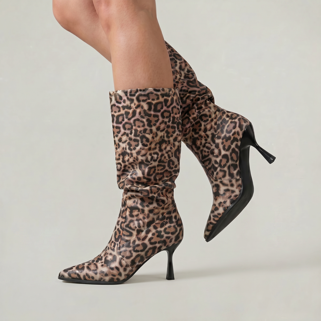 Women’s Leopard Print Slouch Mid-Calf Boots - Stiletto Heel Fit