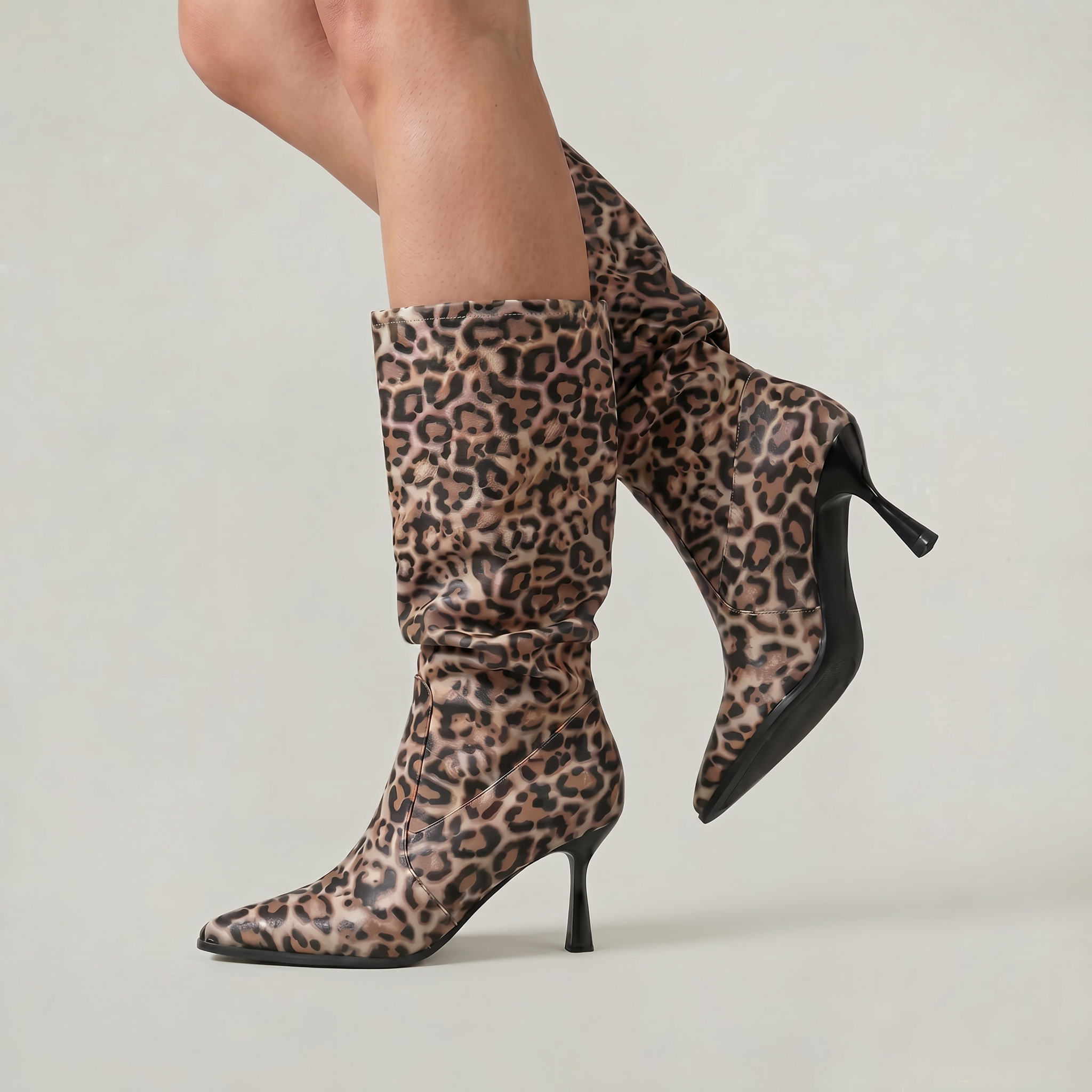 Women’s Leopard Print Slouch Mid-Calf Boots - Stiletto Heel Fit