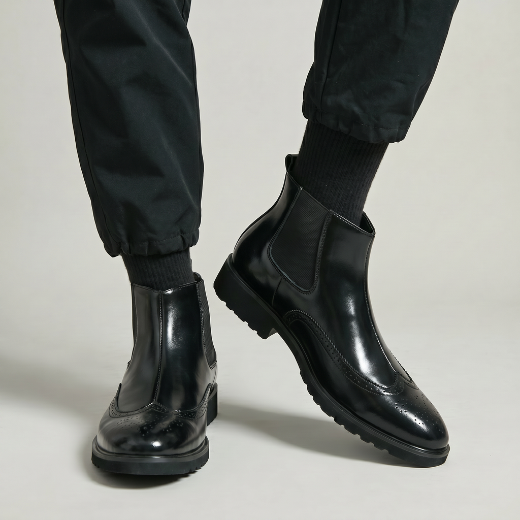 Men's Brogue Chelsea Boots - Wingtip Slip-On Ankle Boots Smart Casual Winter
