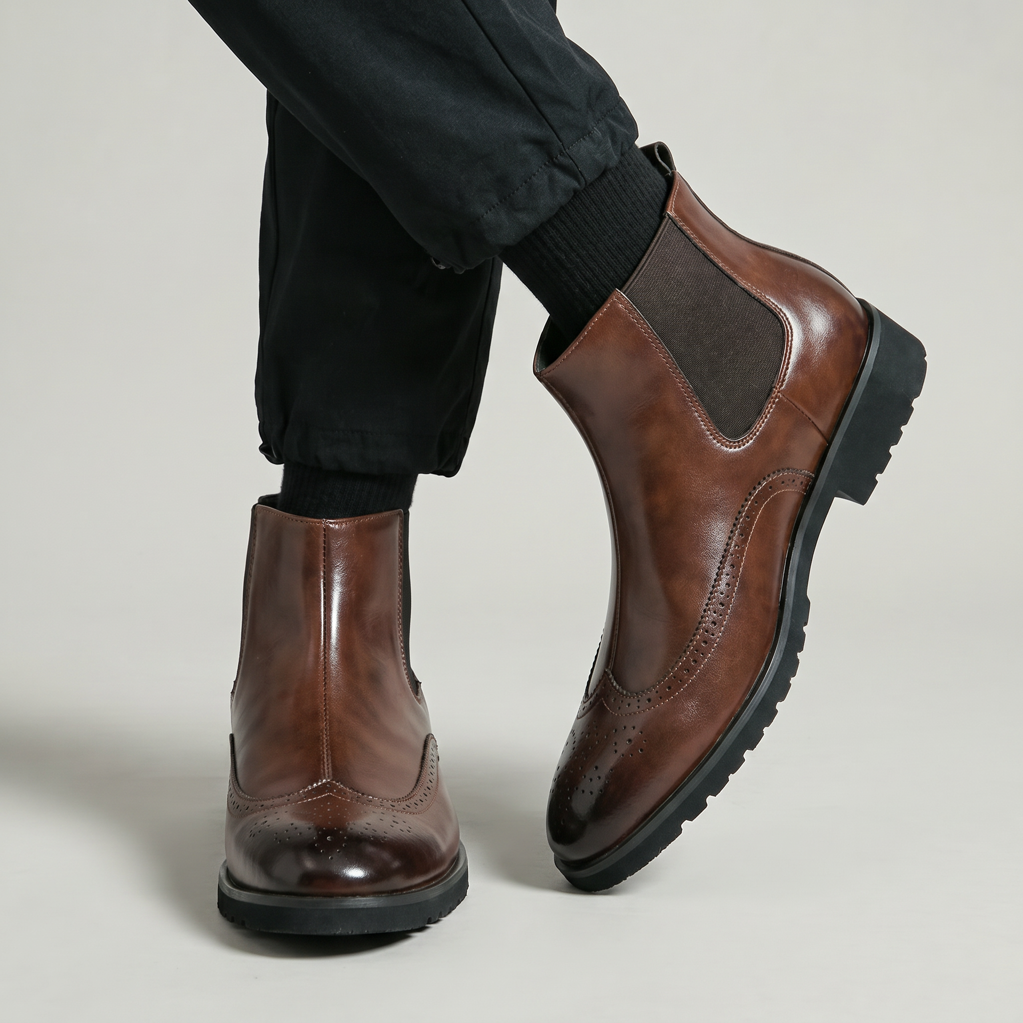 Men's Brogue Chelsea Boots - Wingtip Slip-On Ankle Boots Smart Casual Winter