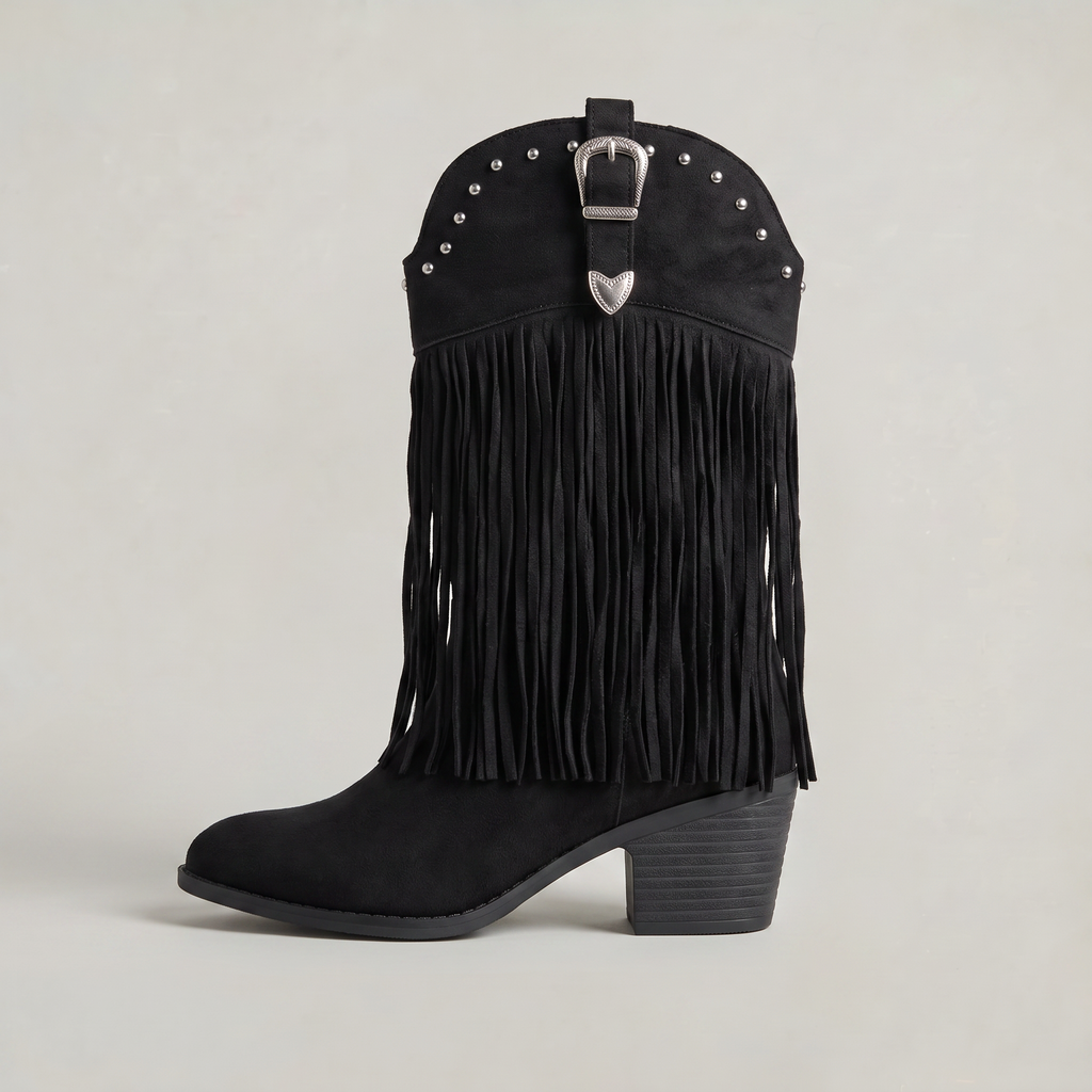 Women’s Fringe Long Boots - Studded Block Heel Western Fit