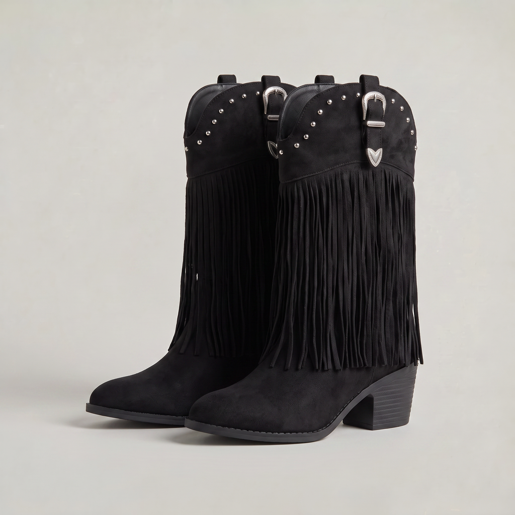 Women’s Fringe Long Boots - Studded Block Heel Western Fit