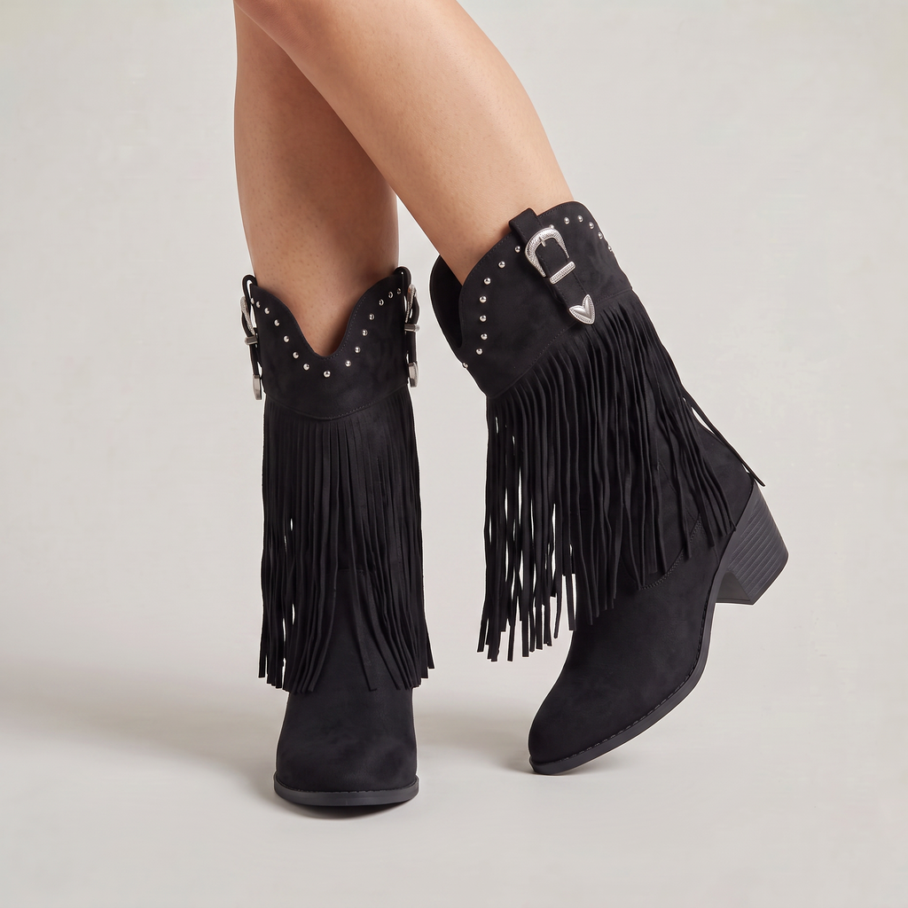 Women’s Fringe Long Boots - Studded Block Heel Western Fit