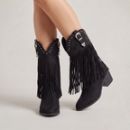 Women’s Fringe Long Boots - Studded Block Heel Western Fit