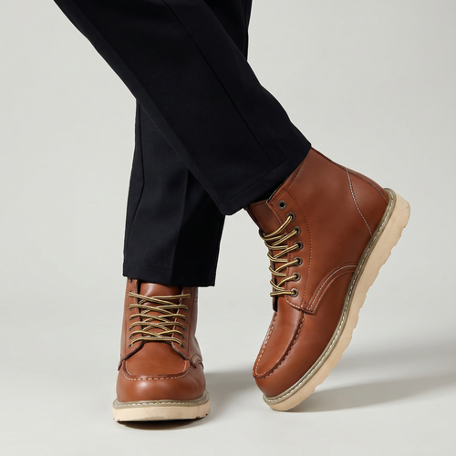 Men's Moc Toe Lace-Up Boots - Heritage Work Boots Brown Leather Winter Ankle Boots