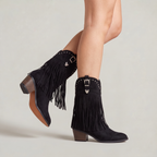 Women’s Fringe Long Boots - Studded Block Heel Western Fit