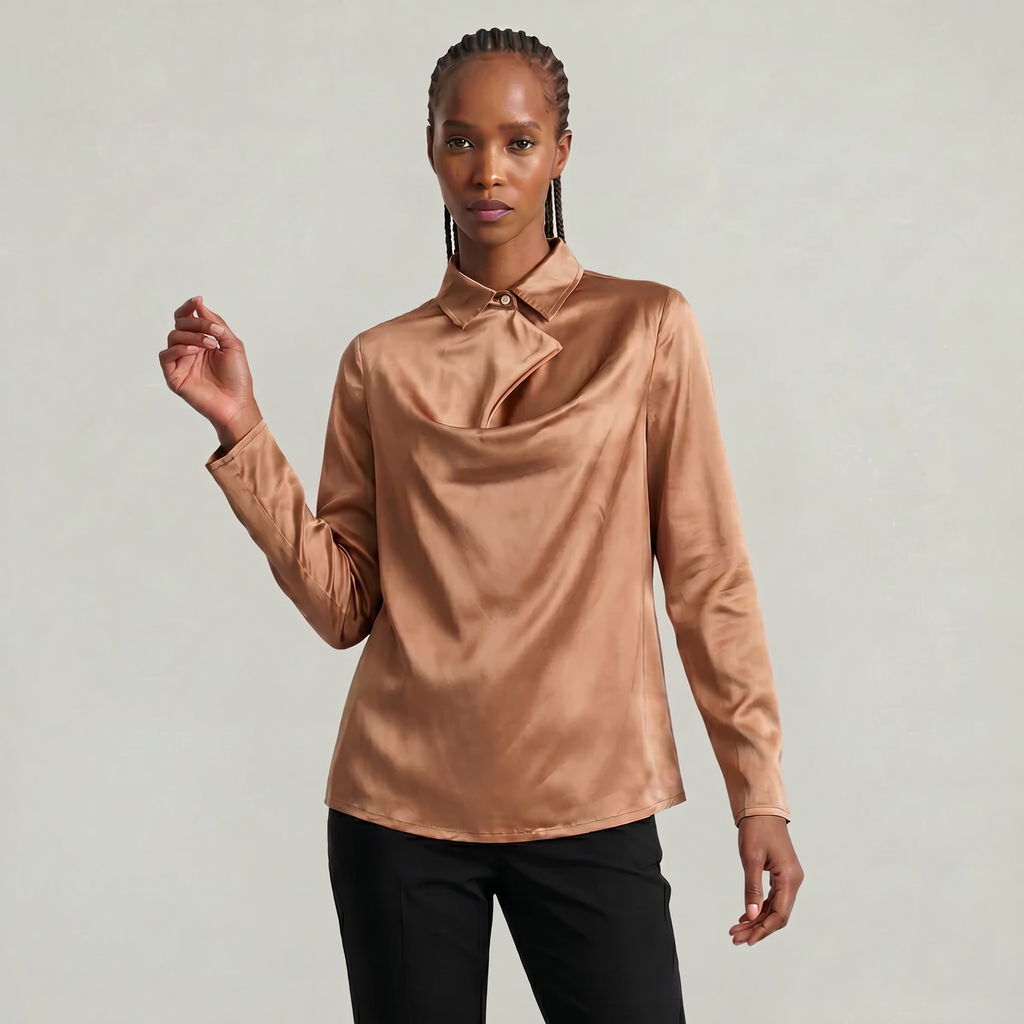 Women’s Satin Blouse - Draped Collar Long Sleeve Regular Fit