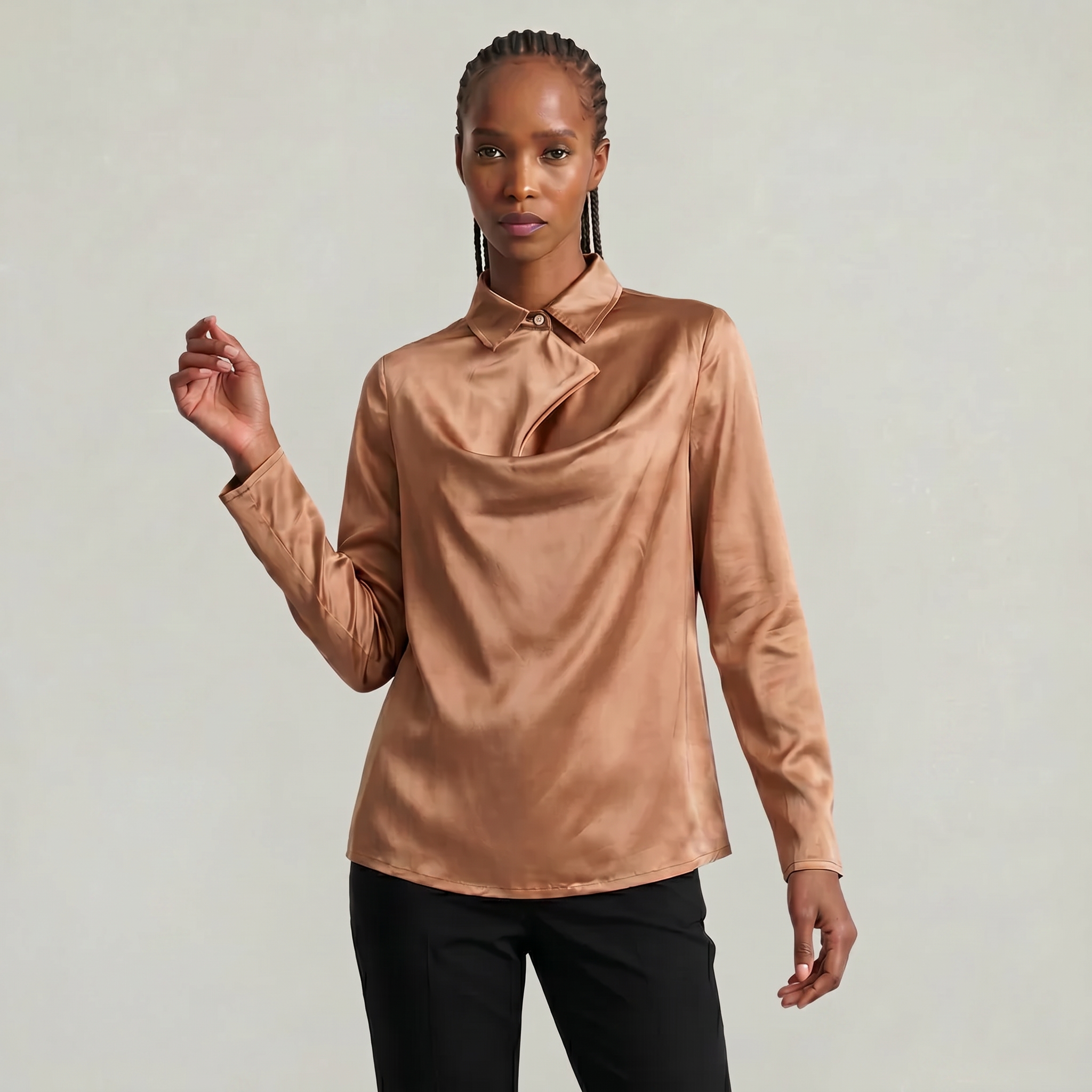 Women’s Satin Blouse - Draped Collar Long Sleeve Regular Fit