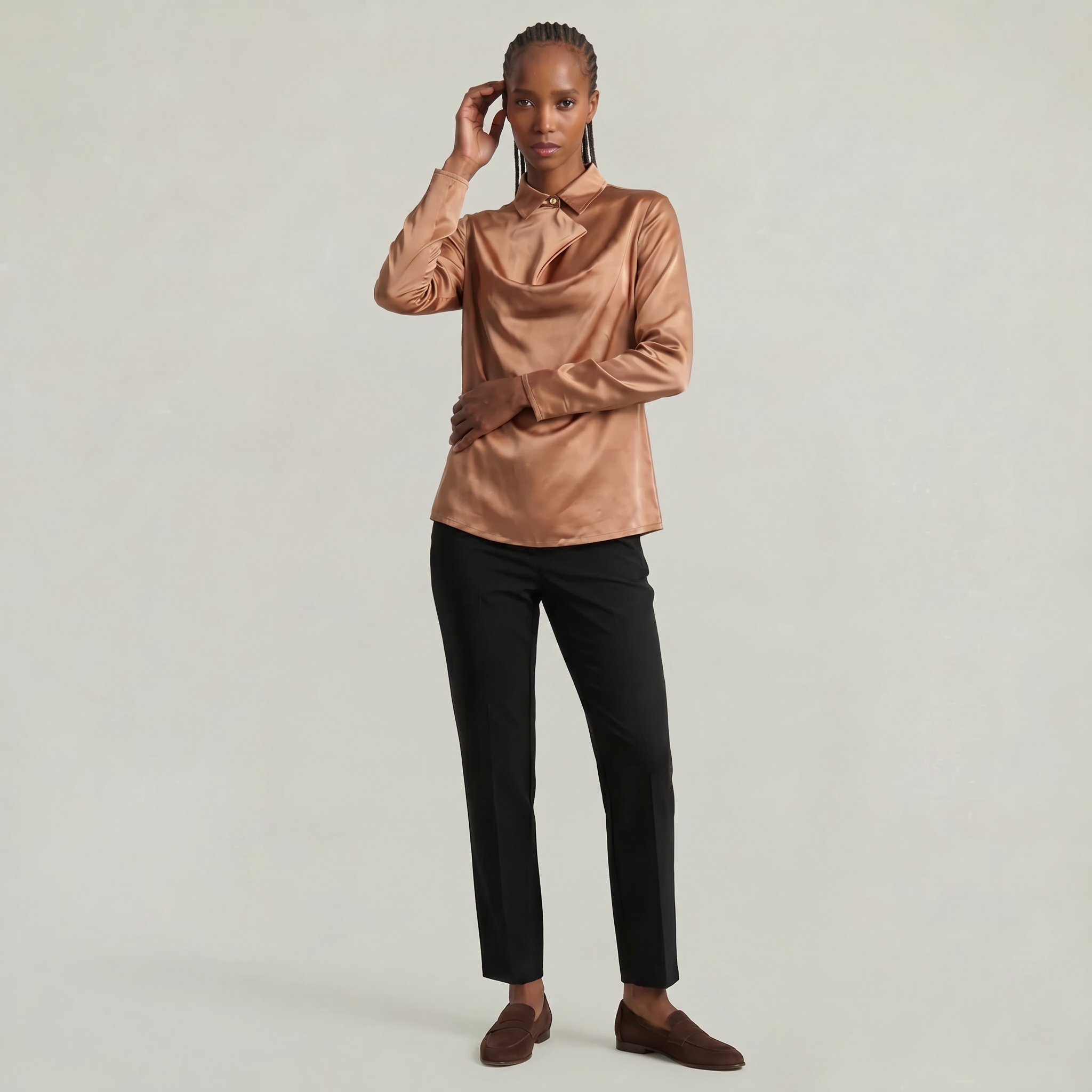 Women’s Satin Blouse - Draped Collar Long Sleeve Regular Fit