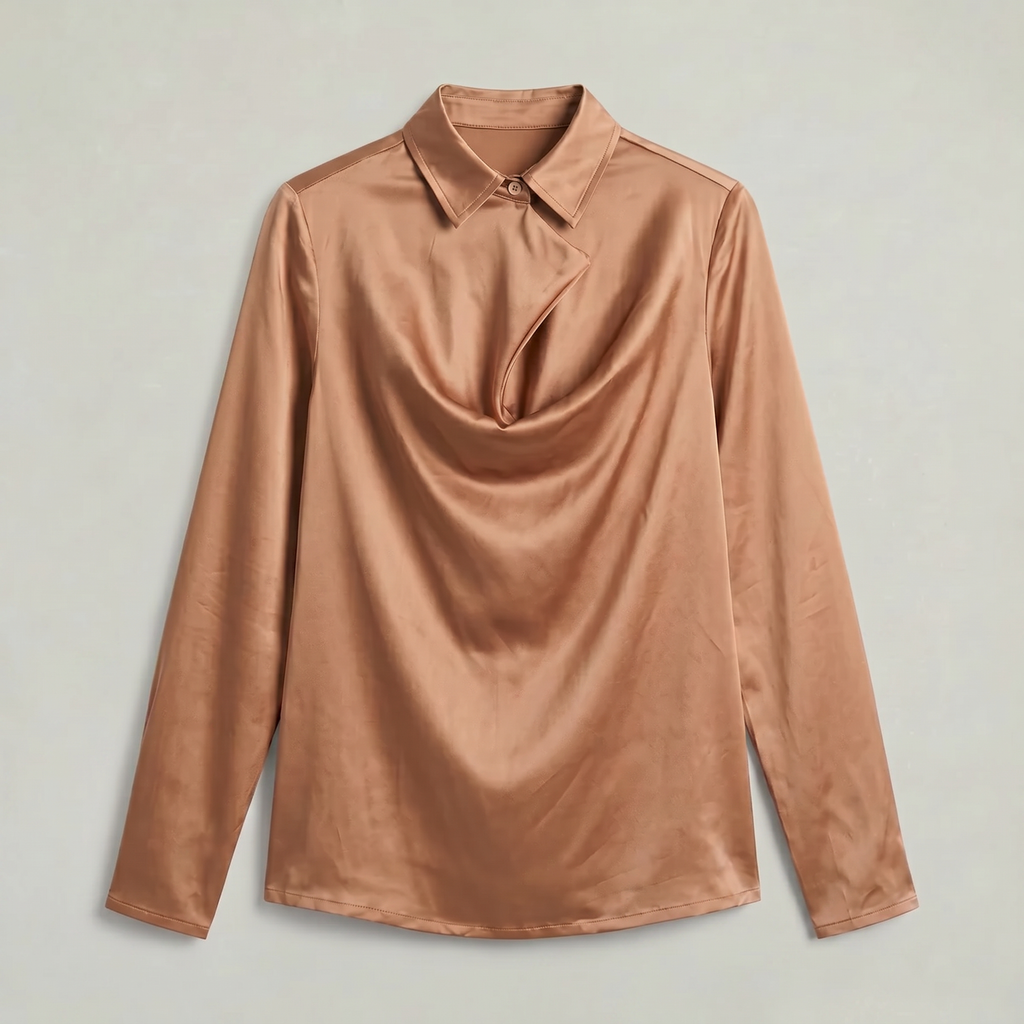 Women’s Satin Blouse - Draped Collar Long Sleeve Regular Fit