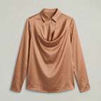 Women’s Satin Blouse - Draped Collar Long Sleeve Regular Fit