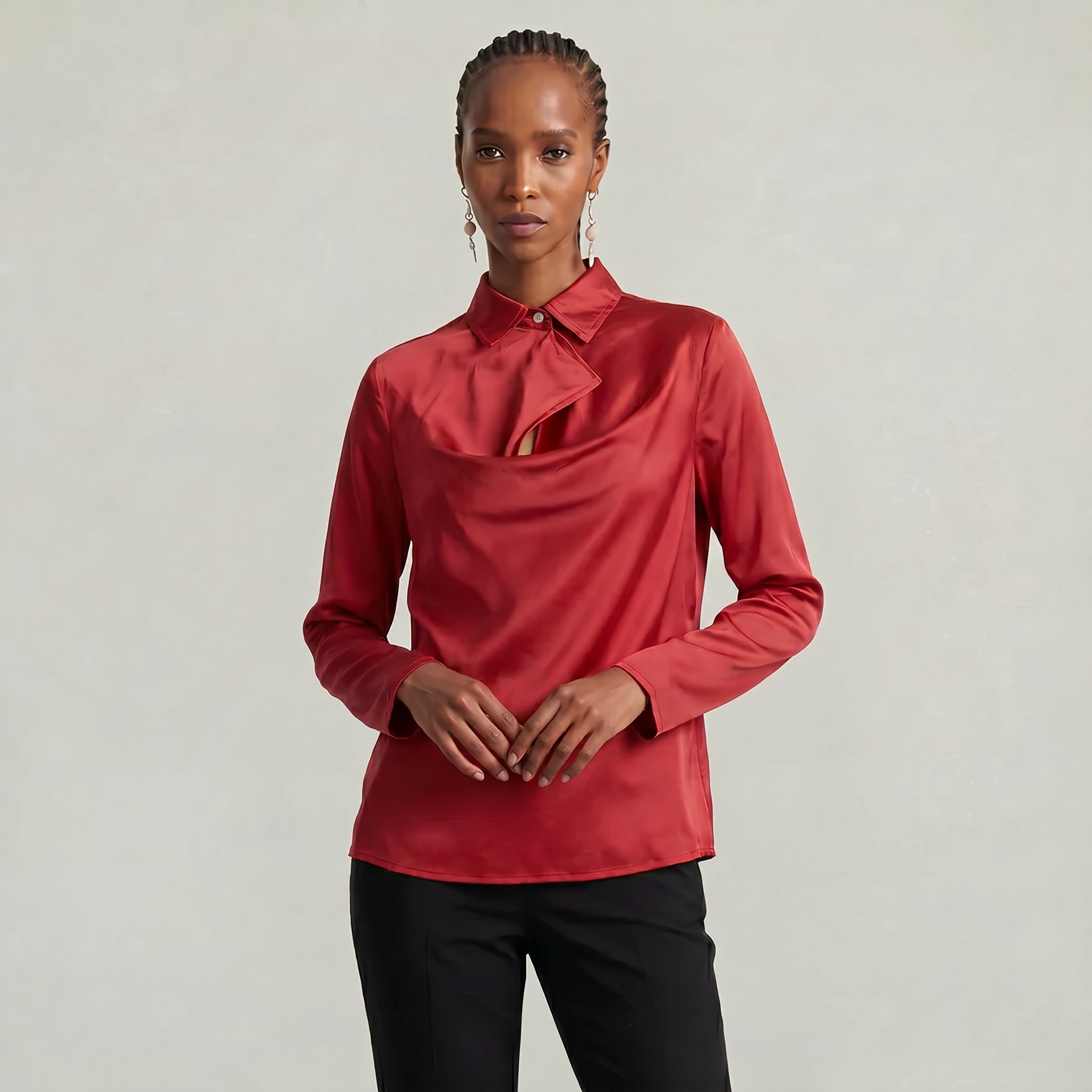 Women’s Satin Blouse - Draped Collar Long Sleeve Regular Fit