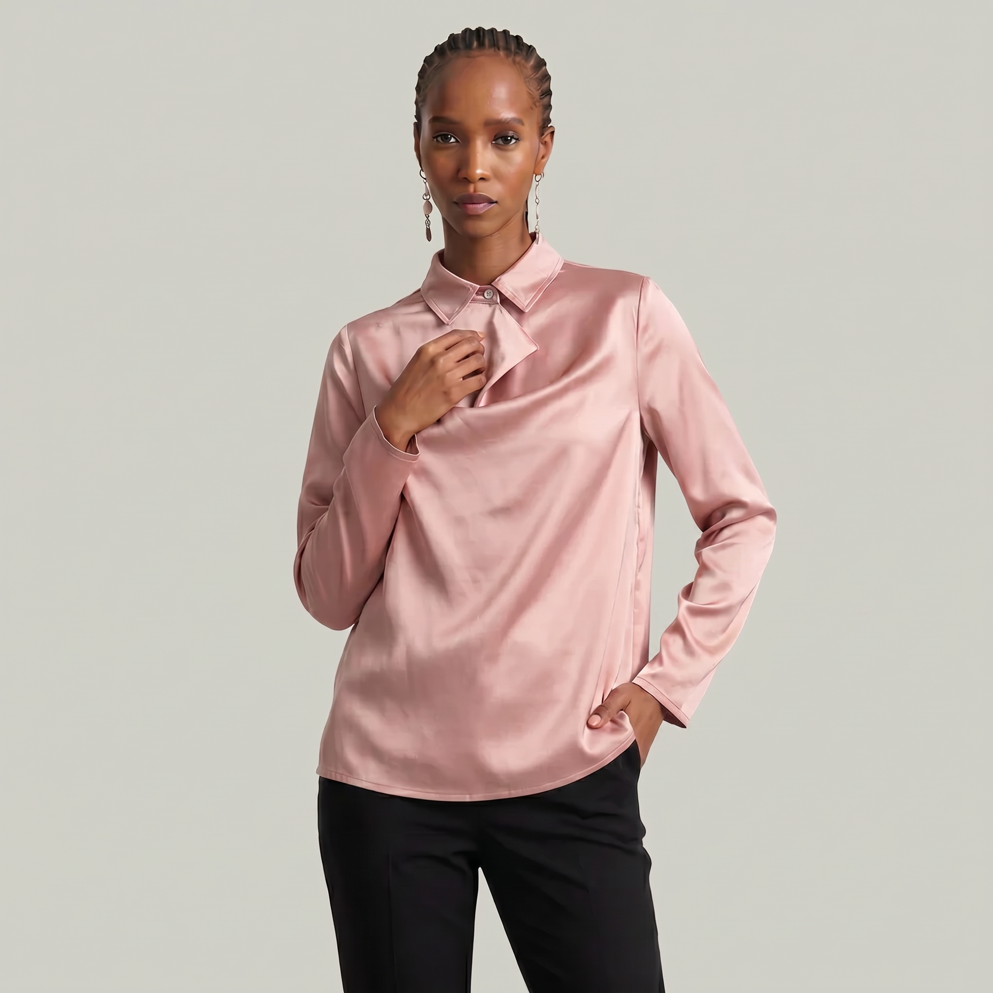 Women’s Satin Blouse - Draped Collar Long Sleeve Regular Fit