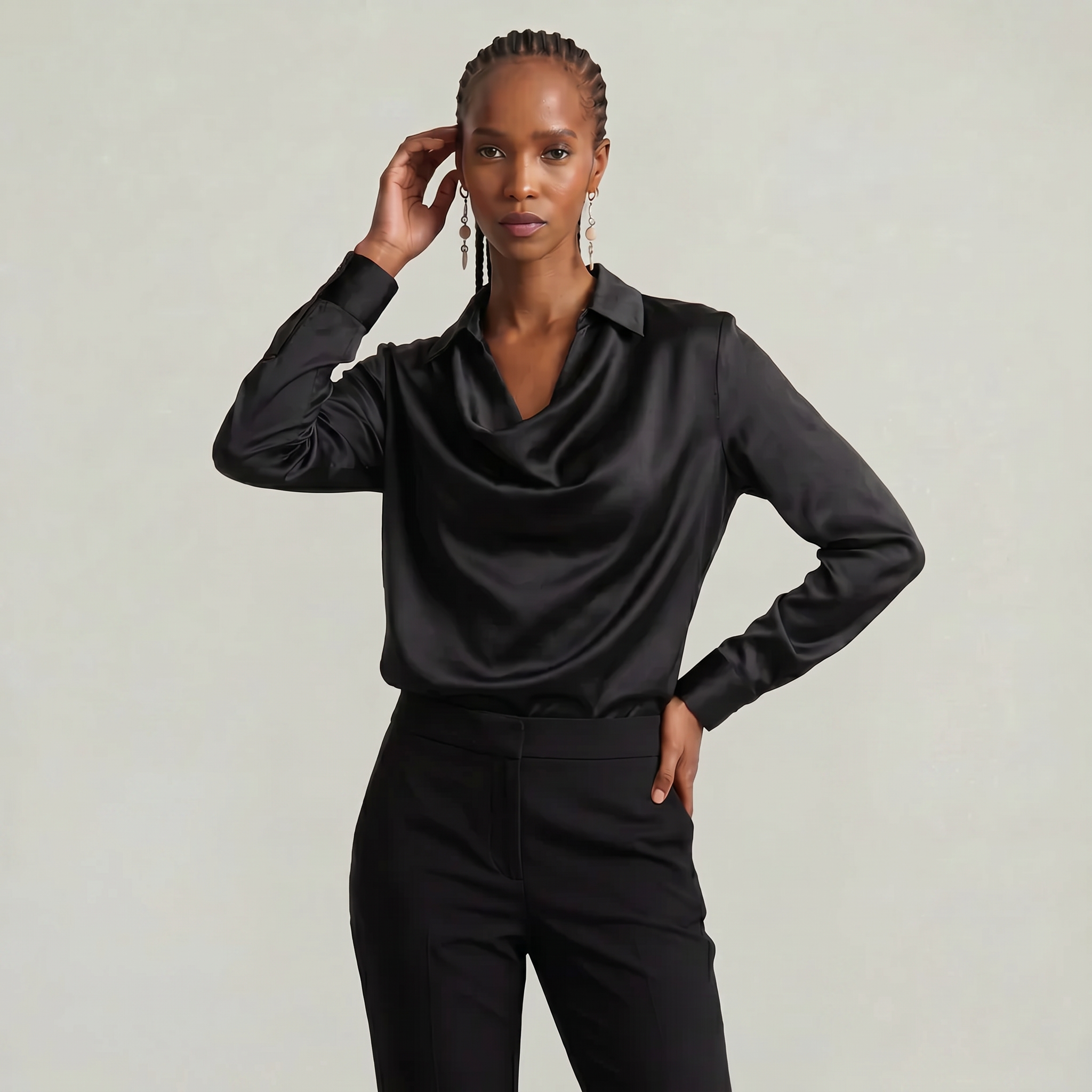 Women’s Satin Blouse - Draped Collar Long Sleeve Regular Fit
