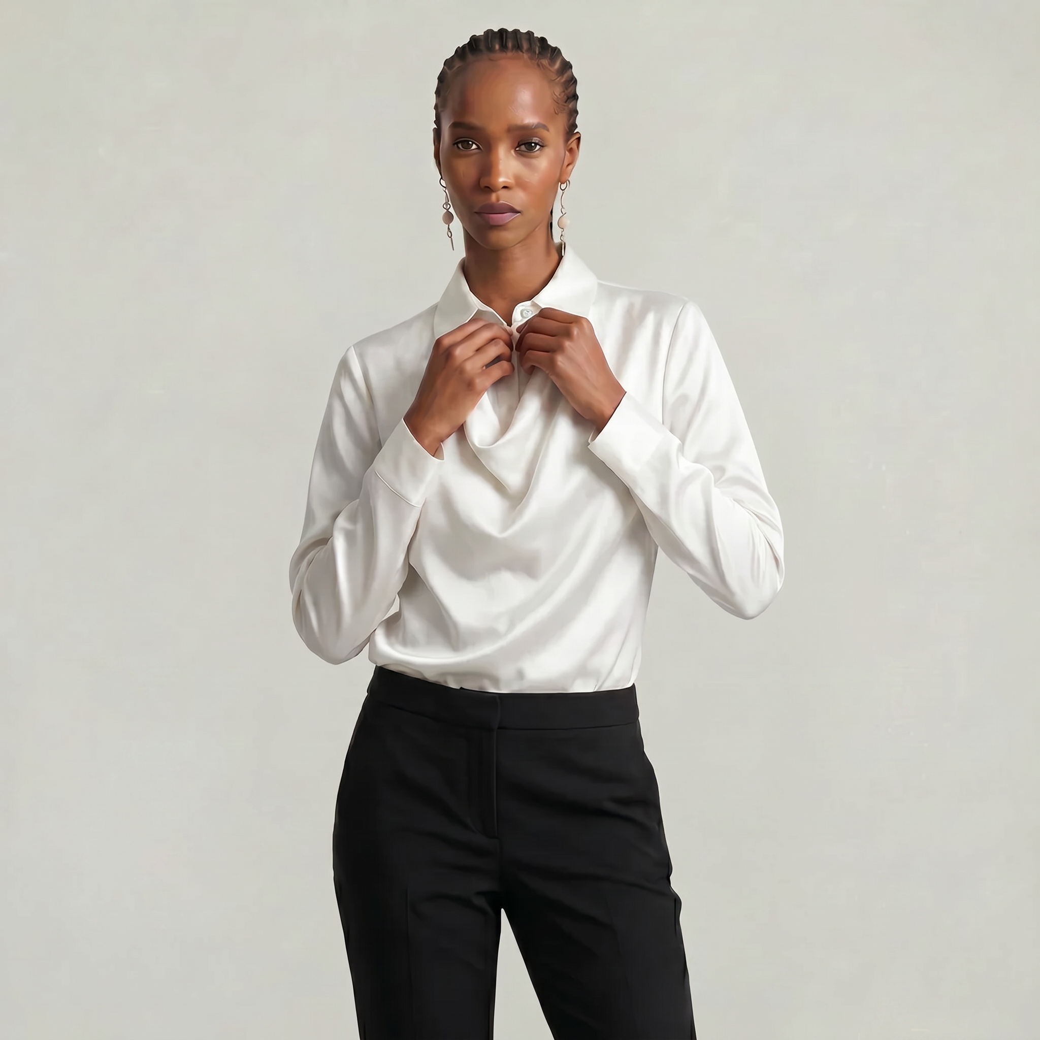 Women’s Satin Blouse - Draped Collar Long Sleeve Regular Fit