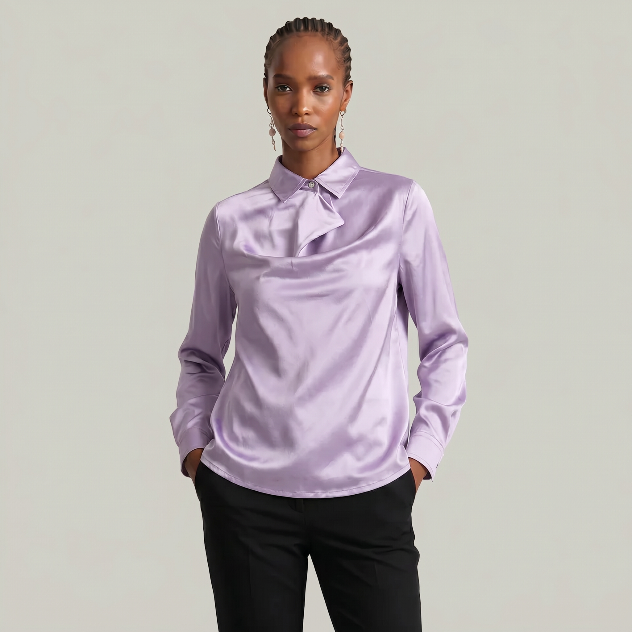 Women’s Satin Blouse - Draped Collar Long Sleeve Regular Fit