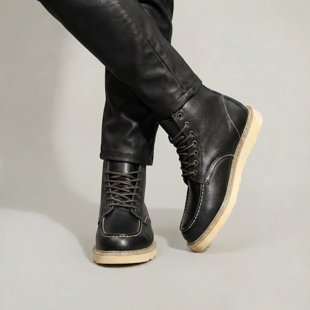 Men's Moc Toe Lace-Up Boots - Heritage Work Boots Brown Leather Winter Ankle Boots
