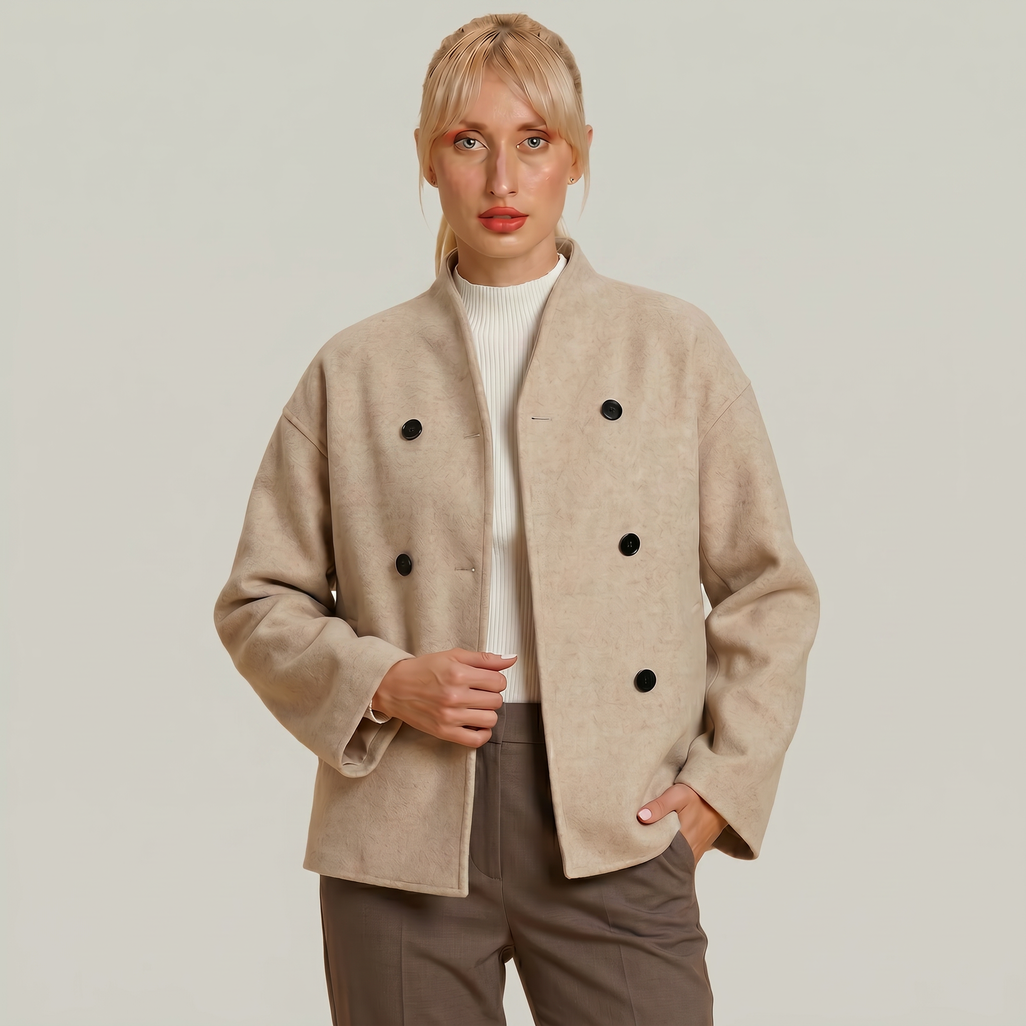 Women's - Double-Breasted Short Coat