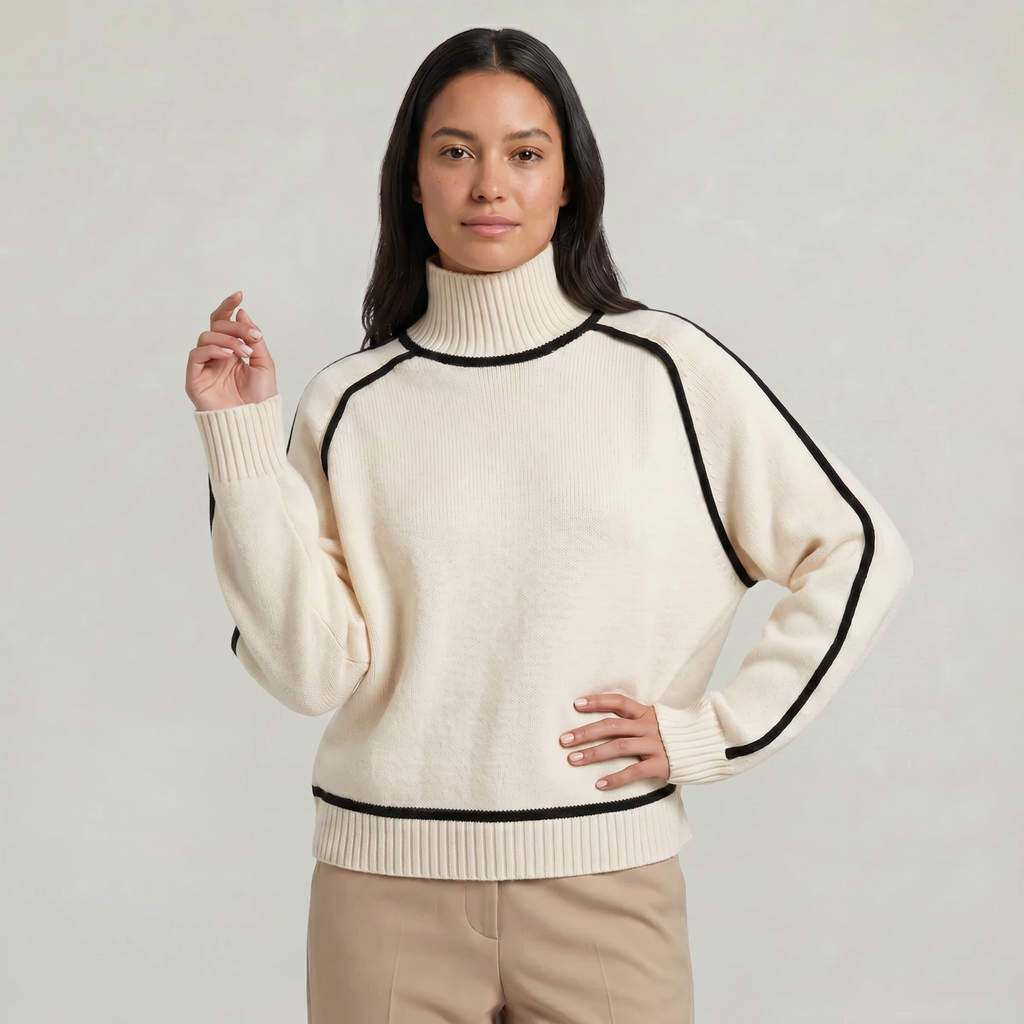 Women's Camel Turtleneck Sweater - Contrast Trim Oversized Knit Pullover Jumper