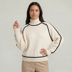 Women's Camel Turtleneck Sweater - Contrast Trim Oversized Knit Pullover Jumper