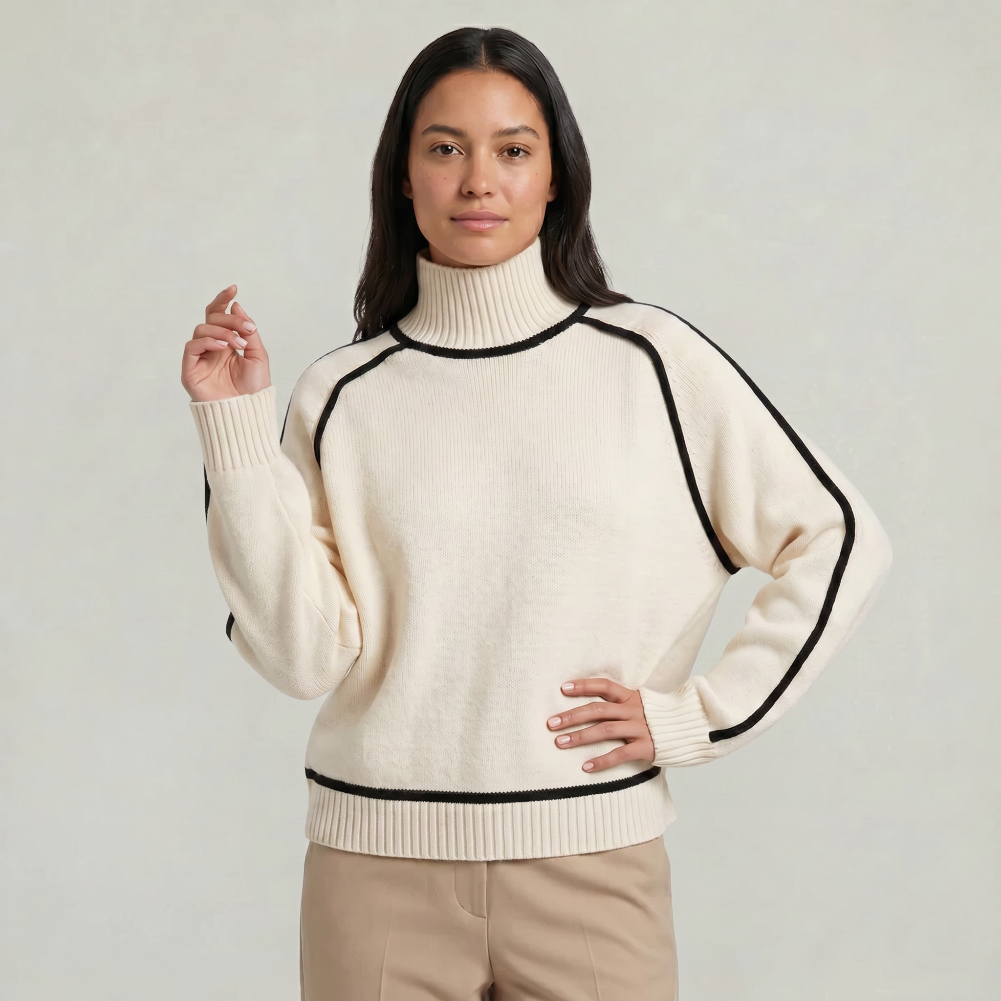Women's Camel Turtleneck Sweater - Contrast Trim Oversized Knit Pullover Jumper