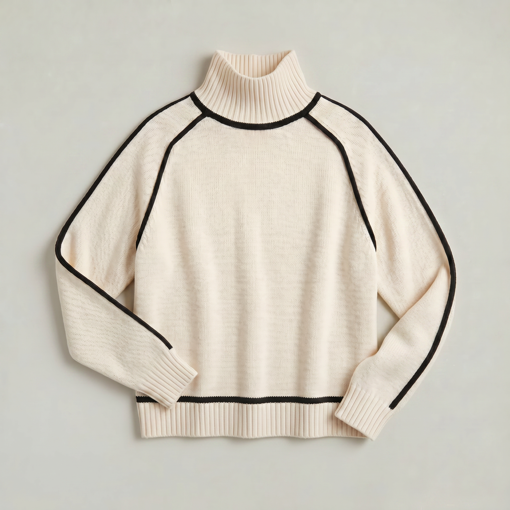 Women's Camel Turtleneck Sweater - Contrast Trim Oversized Knit Pullover Jumper