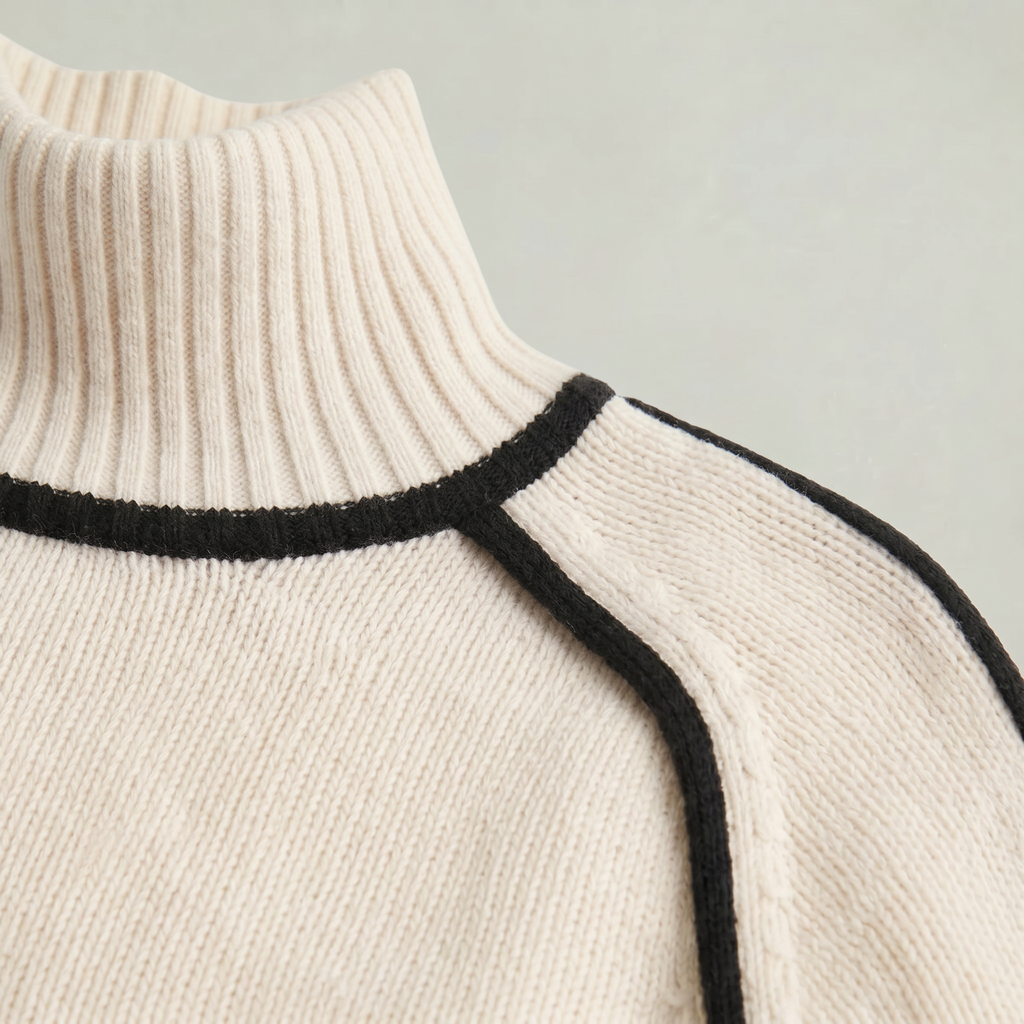 Women's Camel Turtleneck Sweater - Contrast Trim Oversized Knit Pullover Jumper