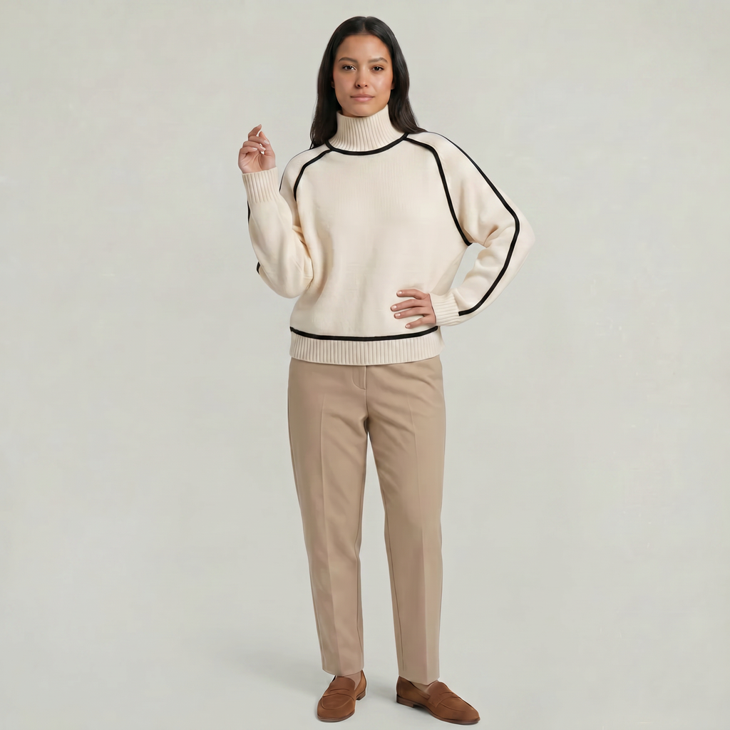 Women's Camel Turtleneck Sweater - Contrast Trim Oversized Knit Pullover Jumper