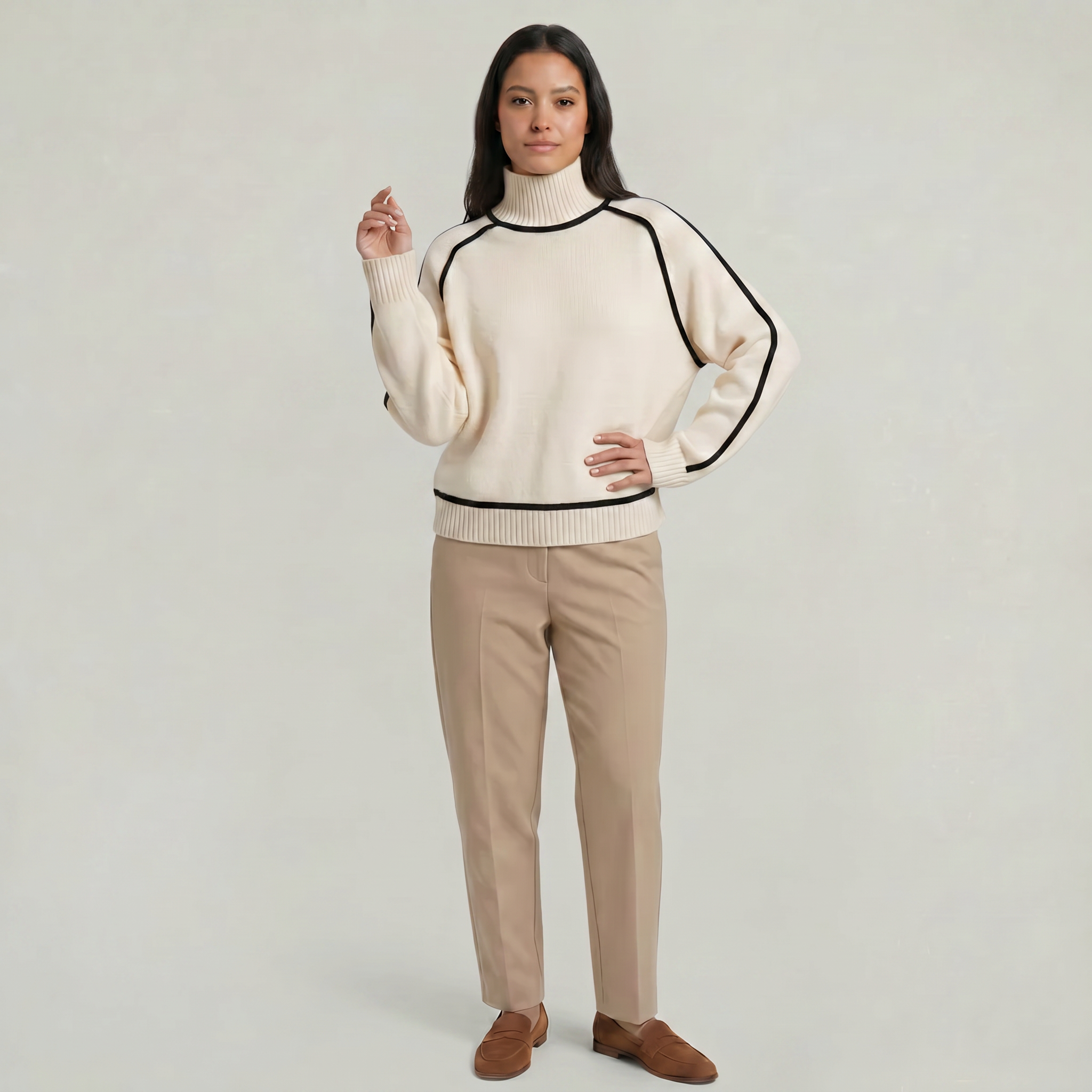 Women's Camel Turtleneck Sweater - Contrast Trim Oversized Knit Pullover Jumper