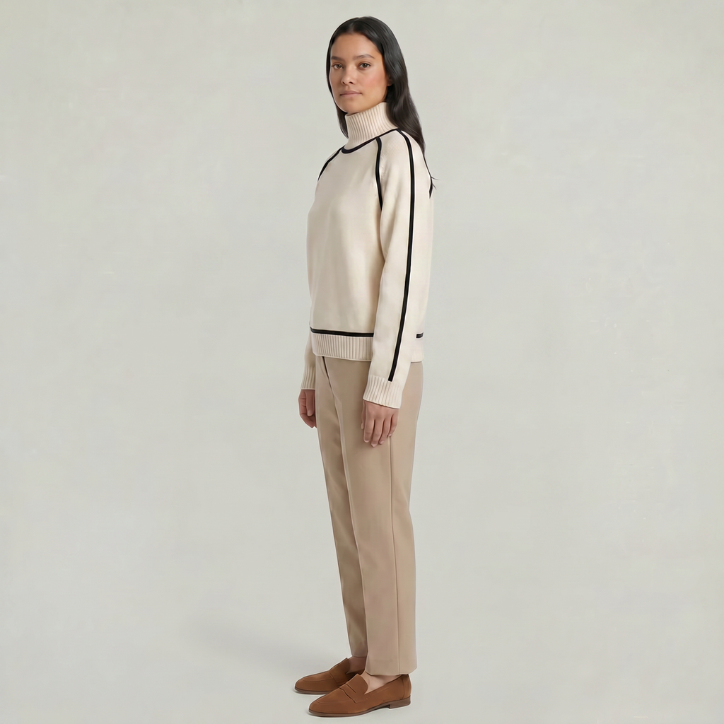 Women's Camel Turtleneck Sweater - Contrast Trim Oversized Knit Pullover Jumper