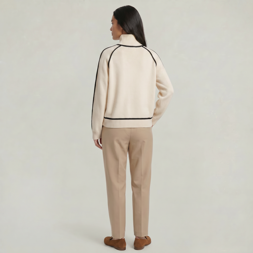 Women's Camel Turtleneck Sweater - Contrast Trim Oversized Knit Pullover Jumper