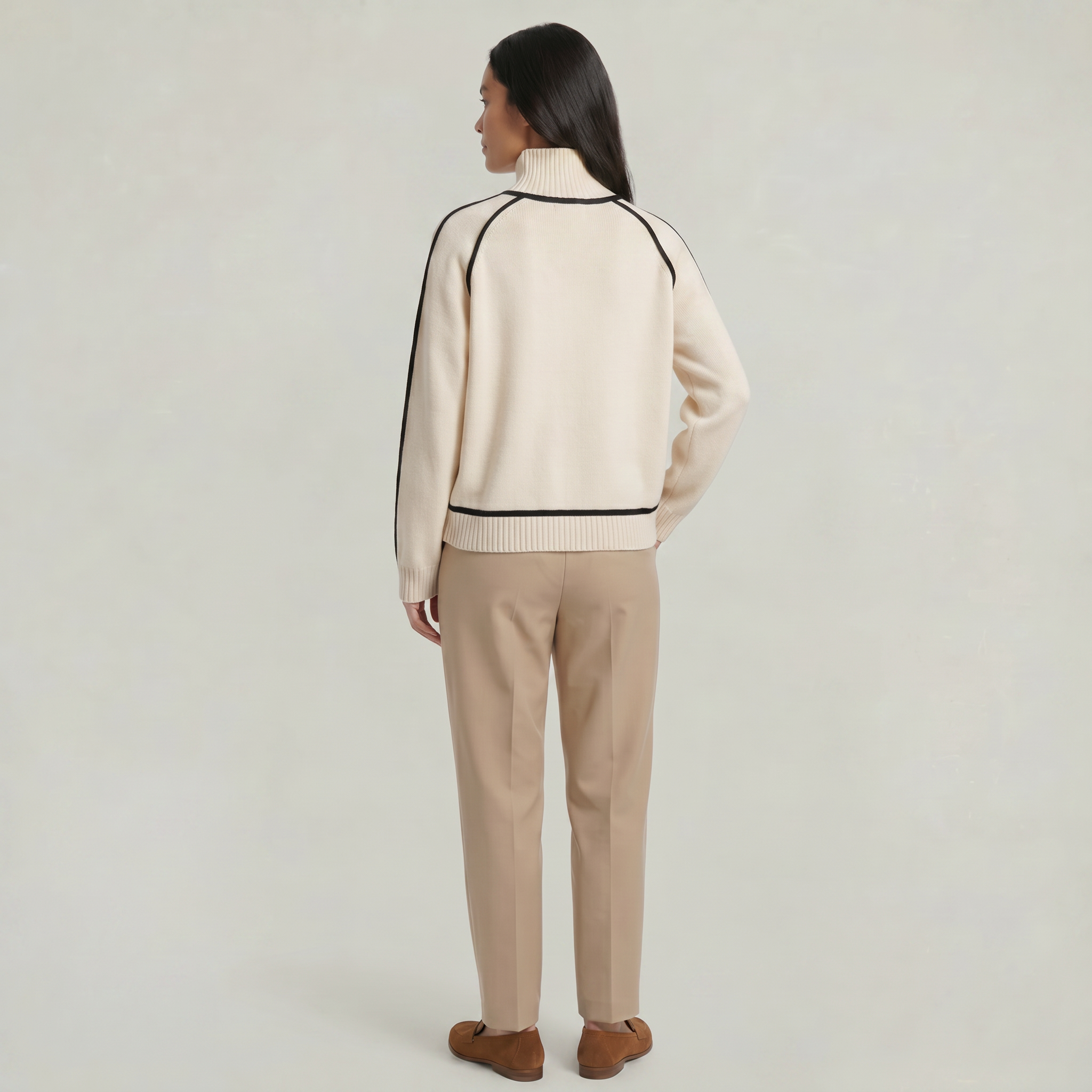 Women's Camel Turtleneck Sweater - Contrast Trim Oversized Knit Pullover Jumper