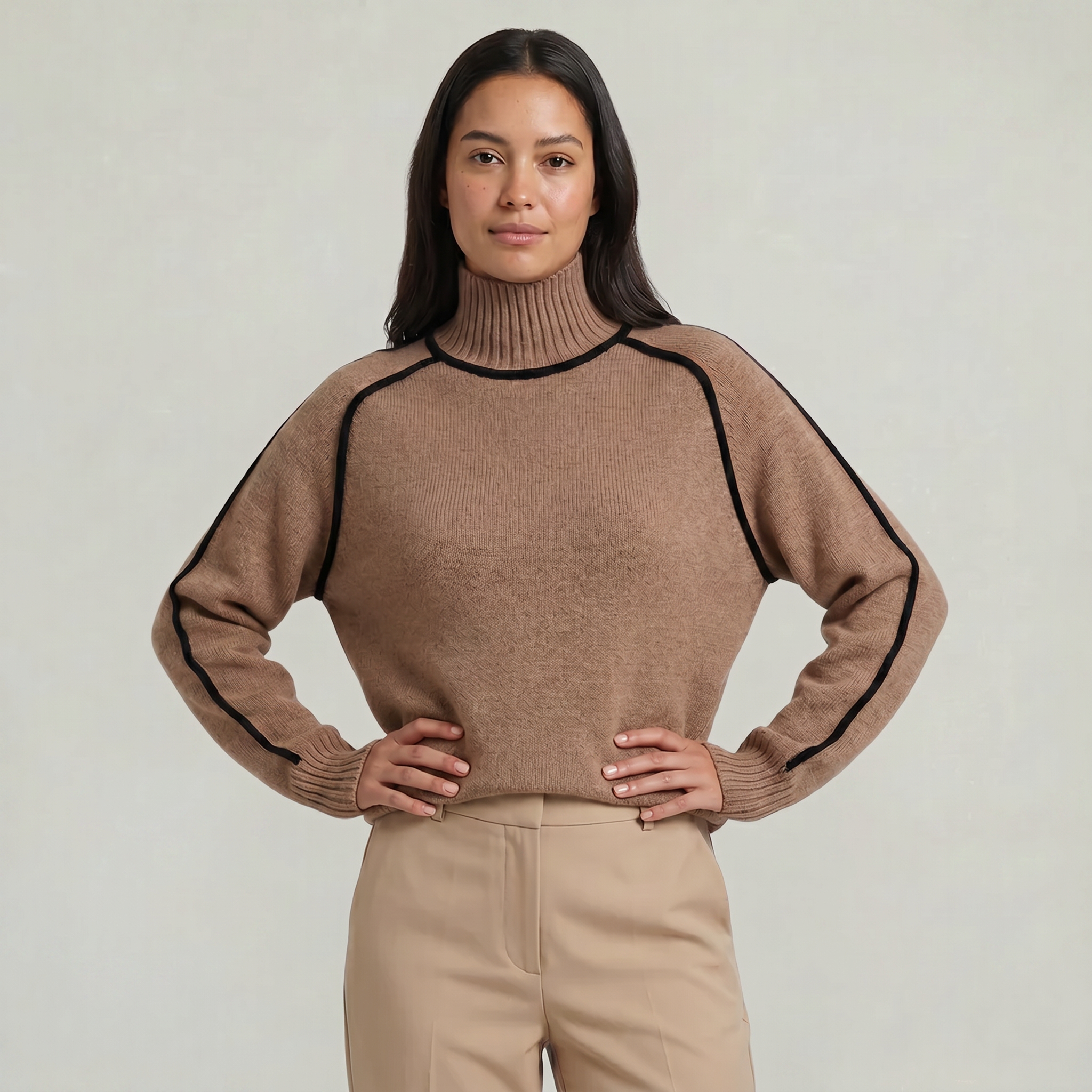 Women's Camel Turtleneck Sweater - Contrast Trim Oversized Knit Pullover Jumper