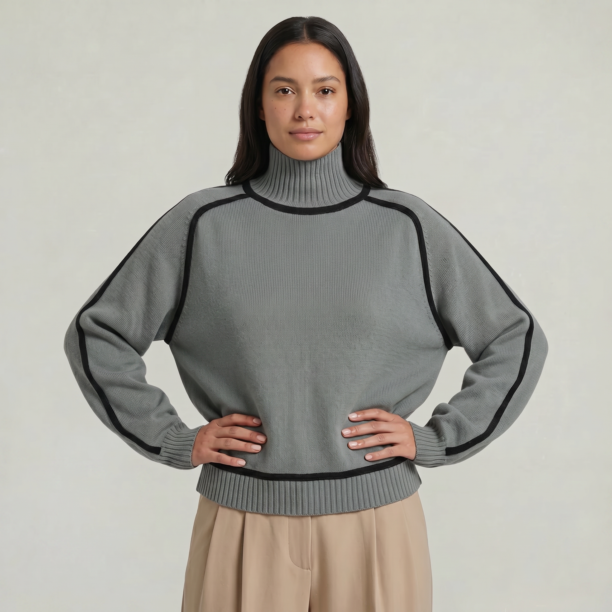 Women's Camel Turtleneck Sweater - Contrast Trim Oversized Knit Pullover Jumper