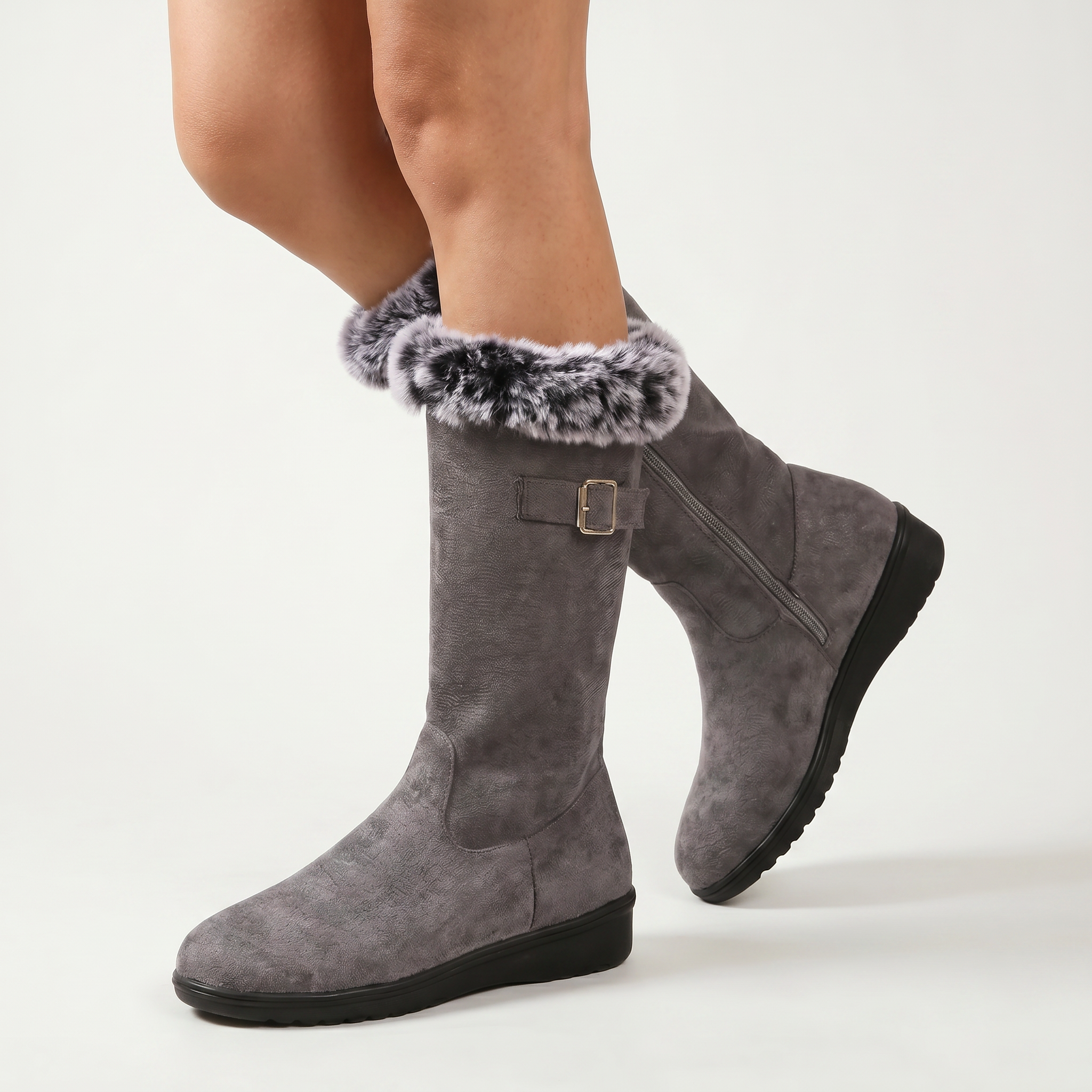 Women’s Faux Fur Winter Boots - Side Zip Mid Calf Fit