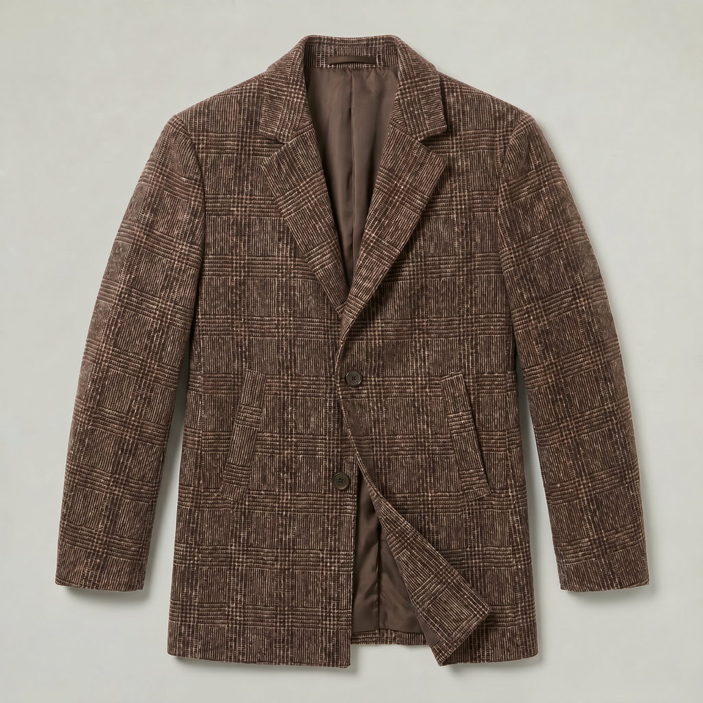Men’s Checked Overcoat - Single Breasted Smart Casual Long Coat
